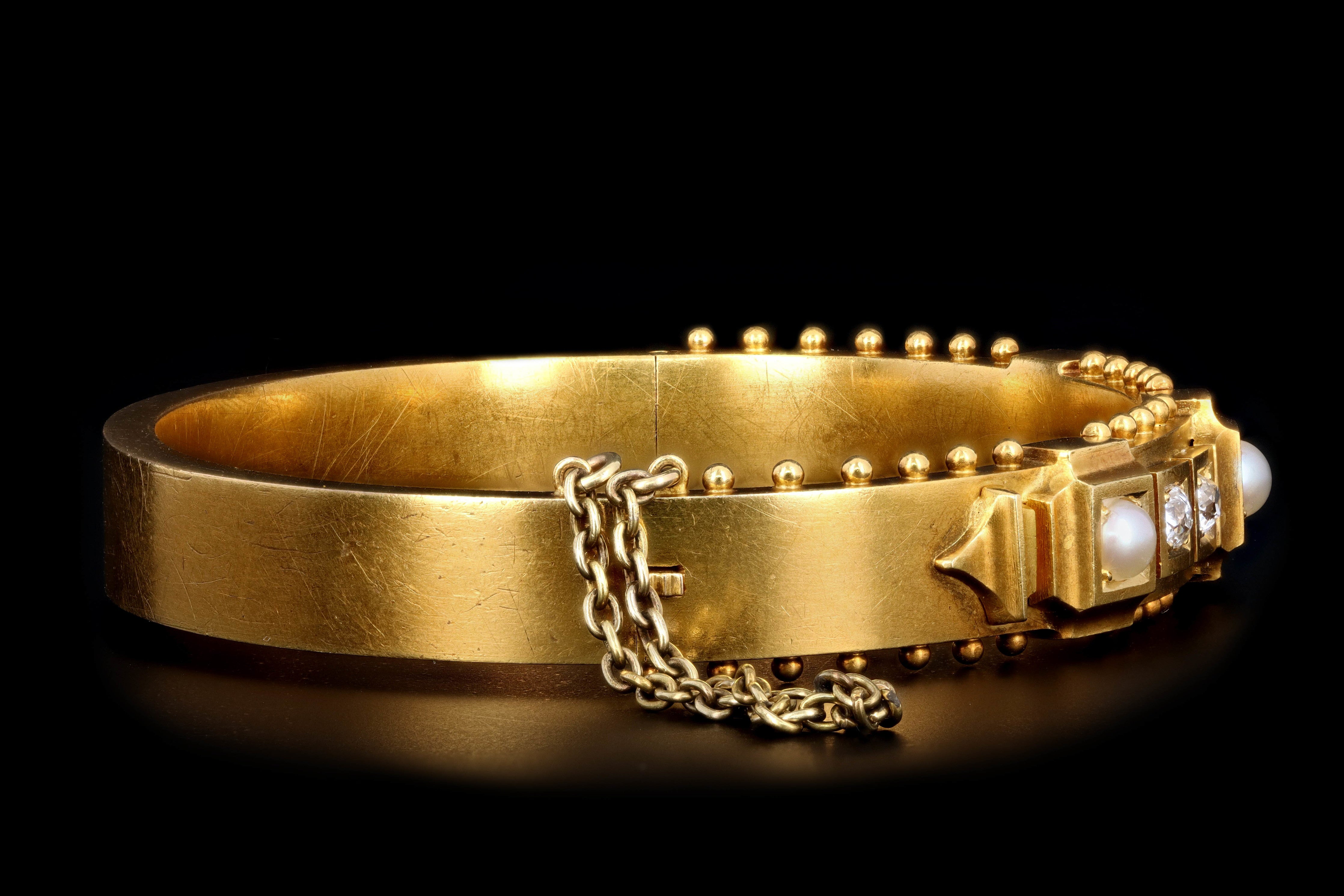 Victorian 18K Yellow Gold Old Mine Cut Diamond & Pearl Bangle Bracelet - Queen May