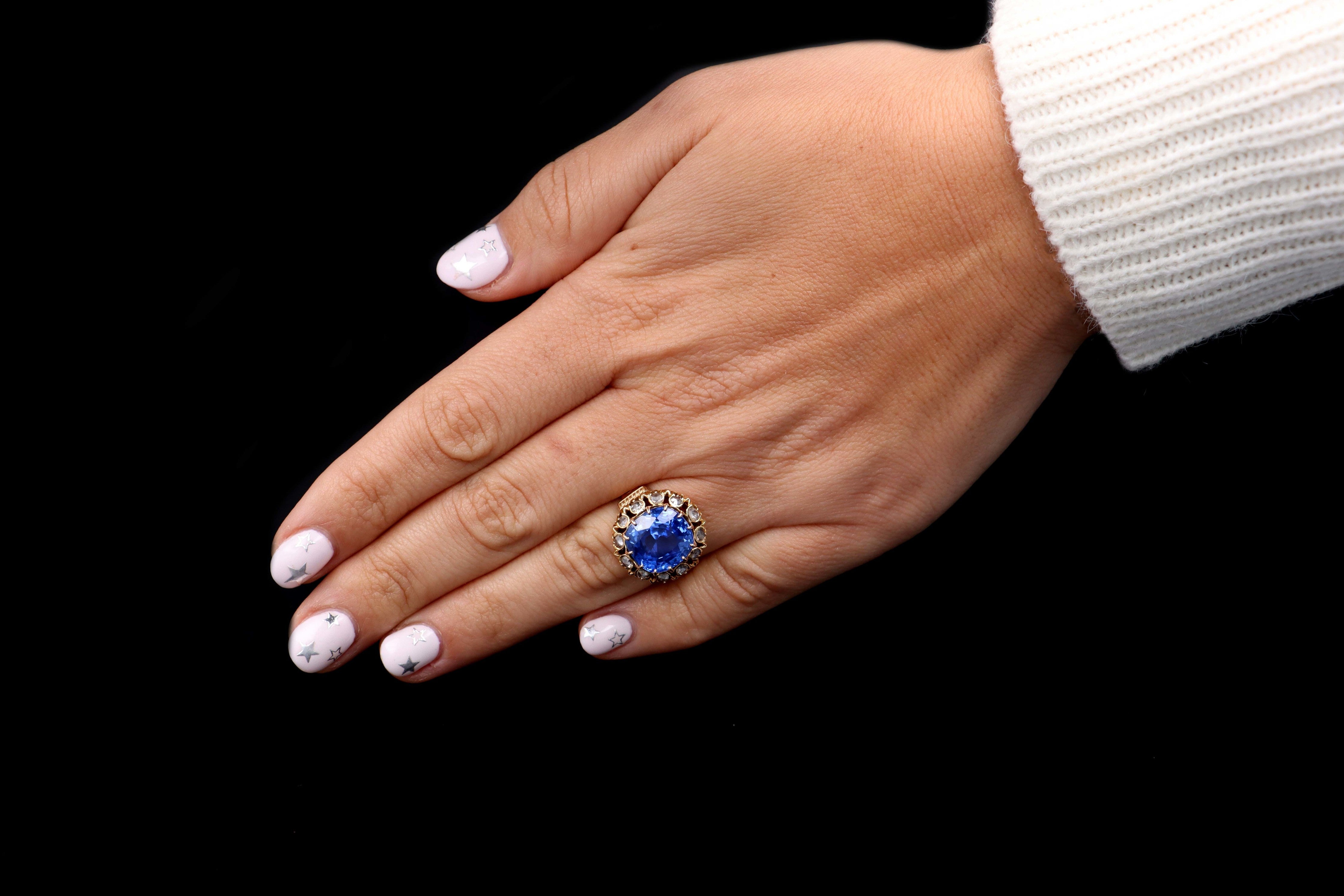 Victorian 18K Yellow Gold Untreated 10.73 Carat Cornflower Blue Burma No Heat Sapphire & Diamond Ring SSEF Certified - Queen May