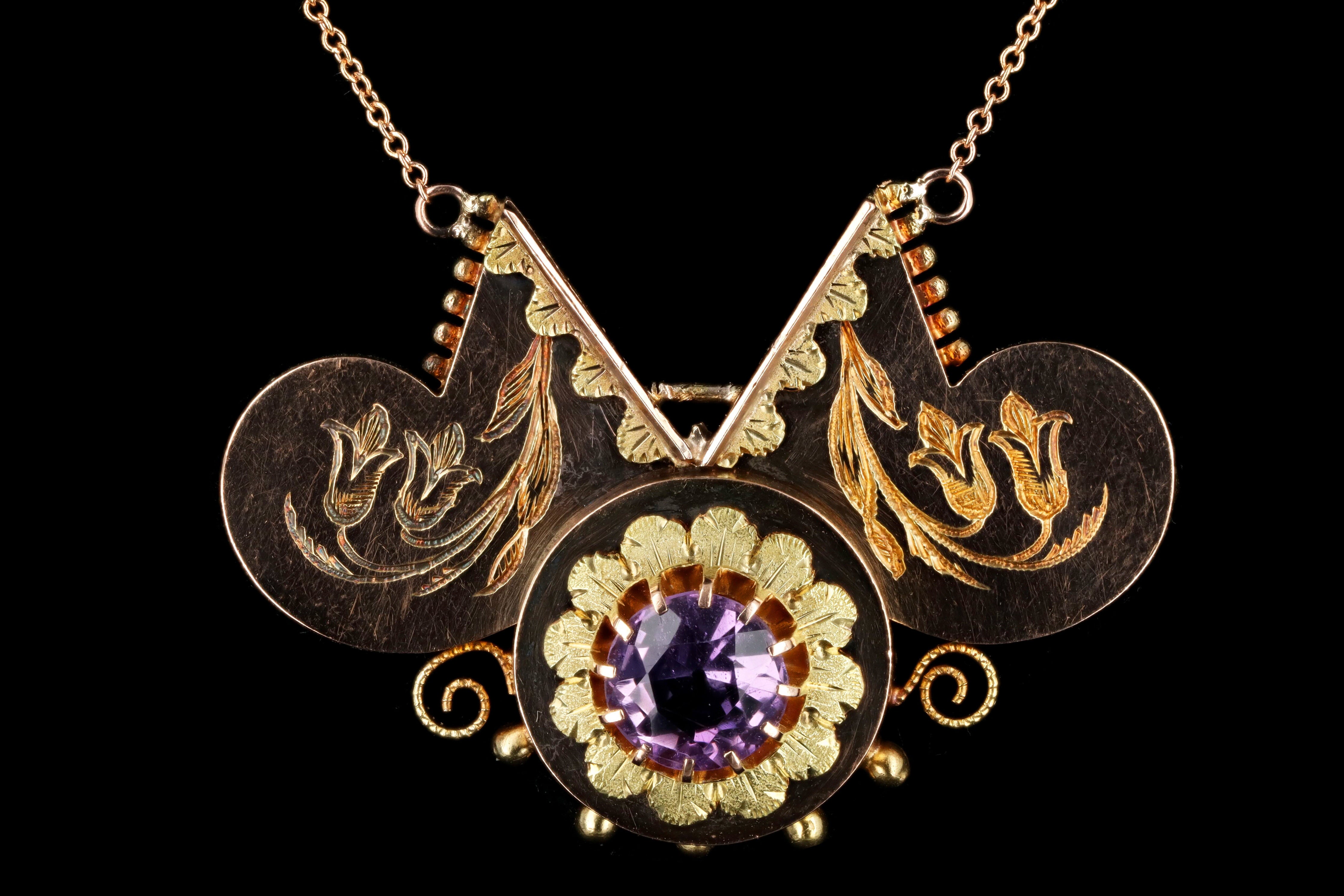 Victorian 14K Rose Gold 1.30 Carat Round Amethyst Brooch Conversion Pendant Necklace - Queen May