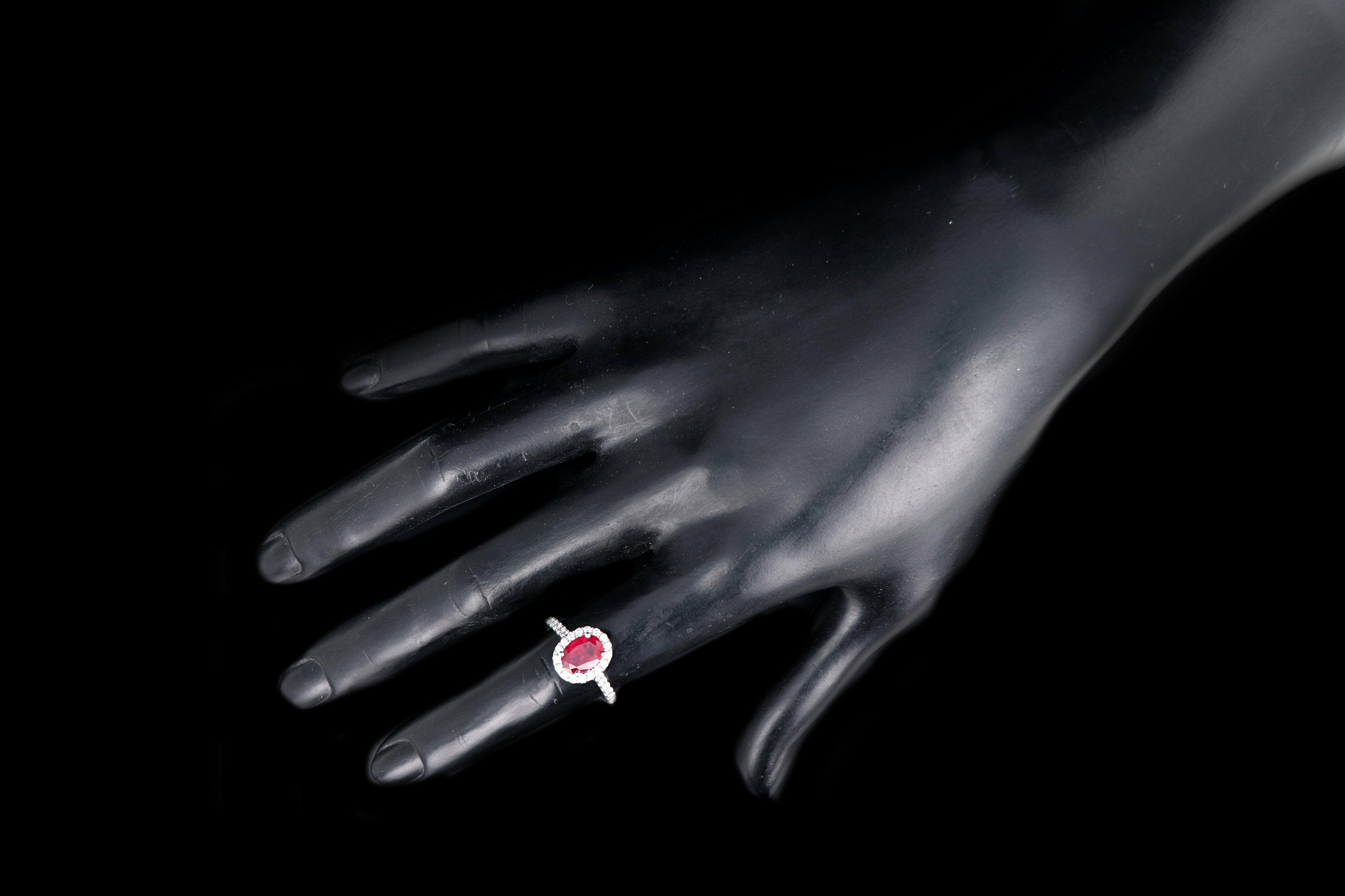 Modern 14K White Gold Oval Cut 2.07 Carat Natural Ruby Diamond Halo Ring PGS Certified - Queen May