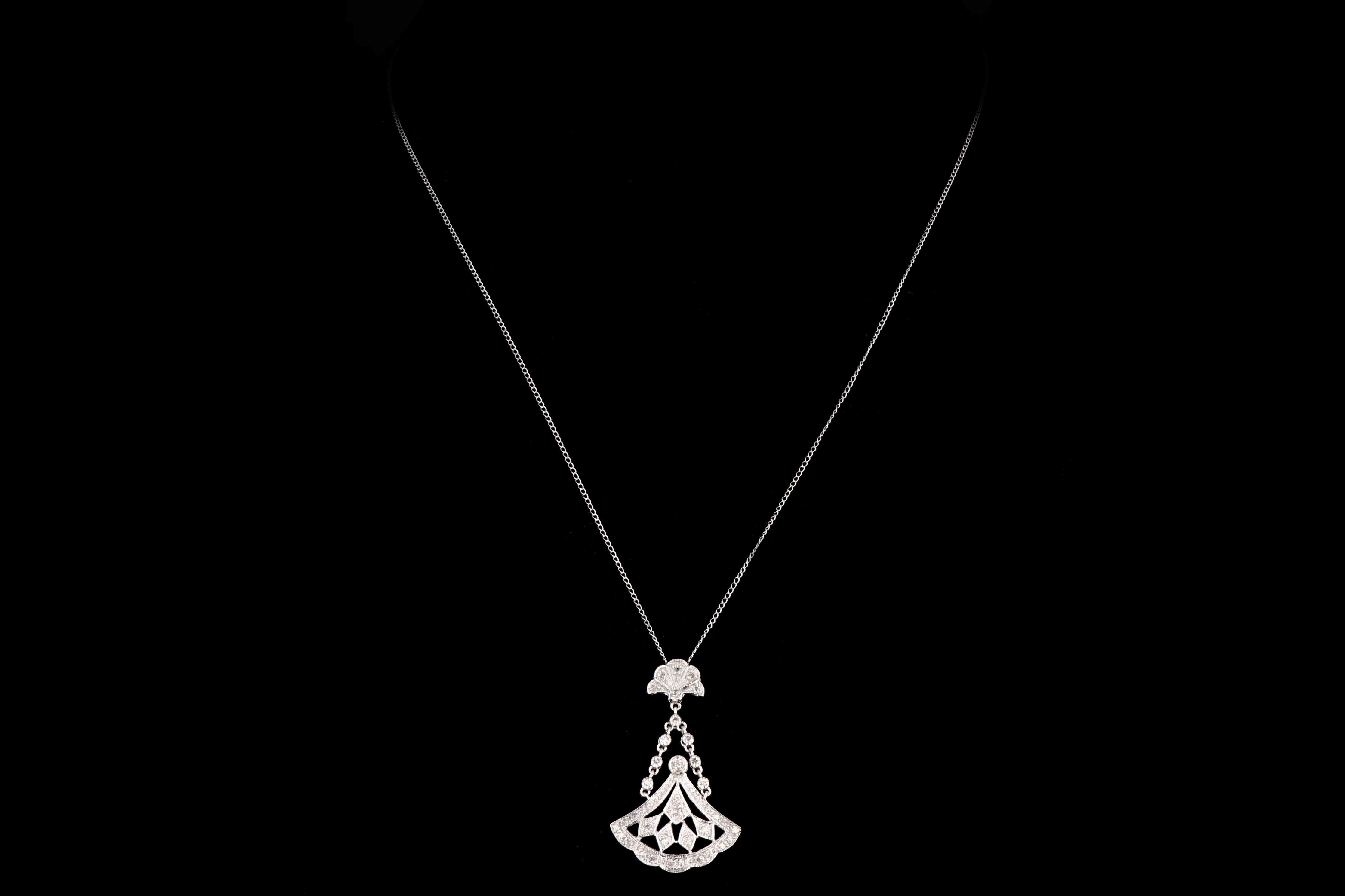 Modern 14K White Gold .35 Total Carat Weight Round Diamonds Drop Pendant Necklace - Queen May