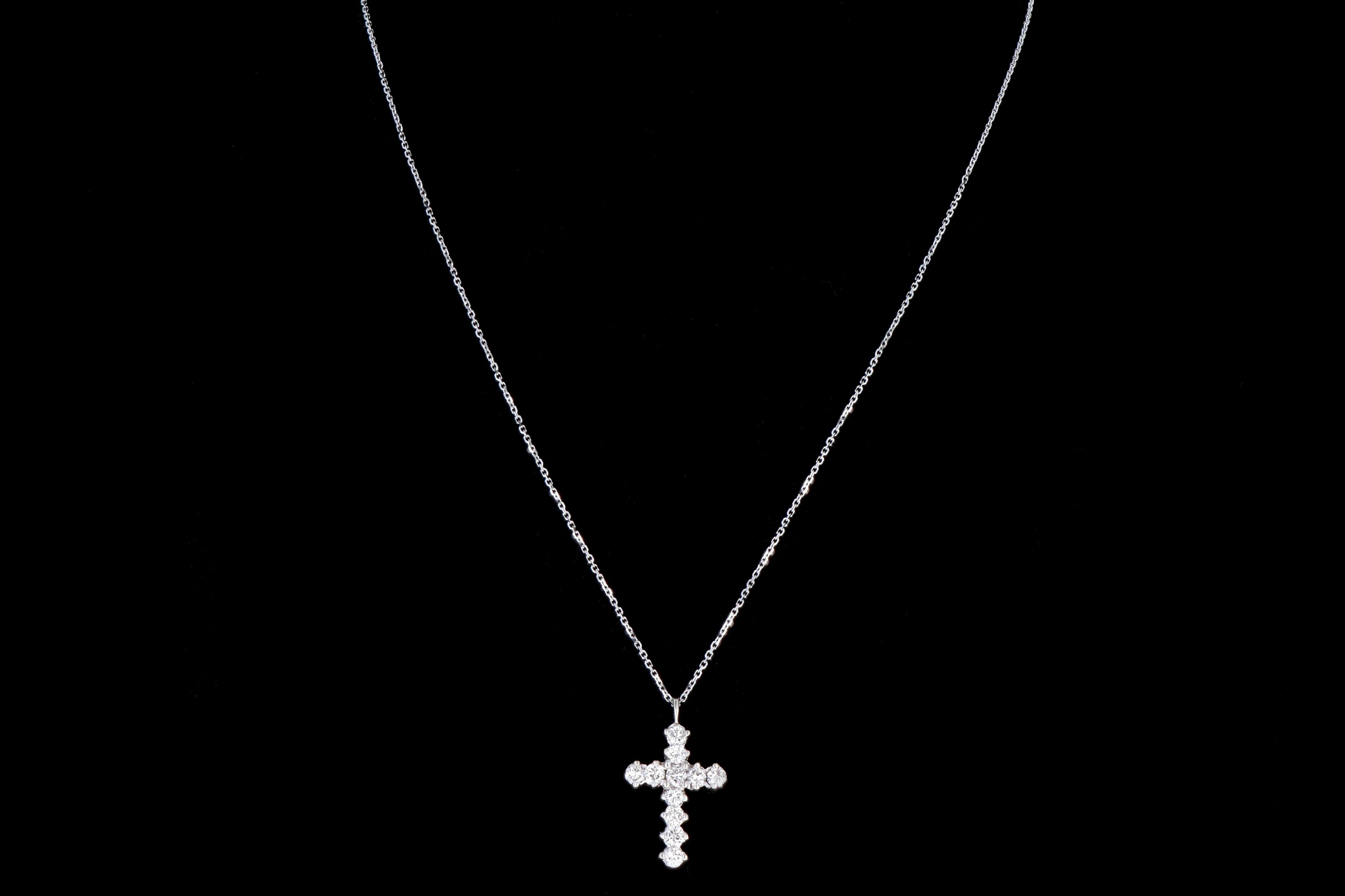 Modern 14K White Gold 1 Carat in Total Round Brilliant Cut Diamond Cross Pendant Necklace - Queen May