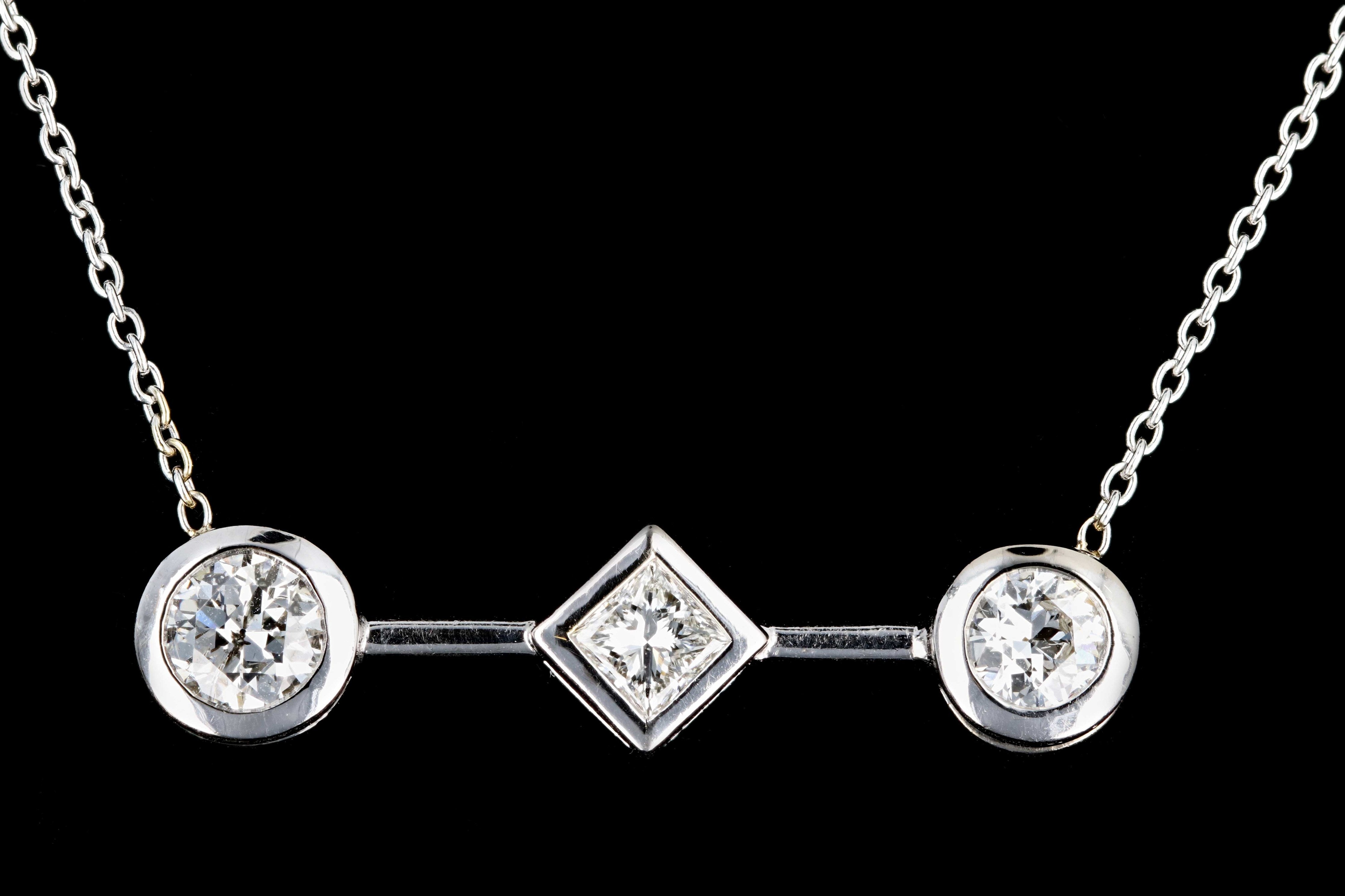 Modern 18K White Gold 1.3 Carat Princess and Round Brilliant Cut Diamond Pendant Necklace with 14K White Gold Chain - Queen May