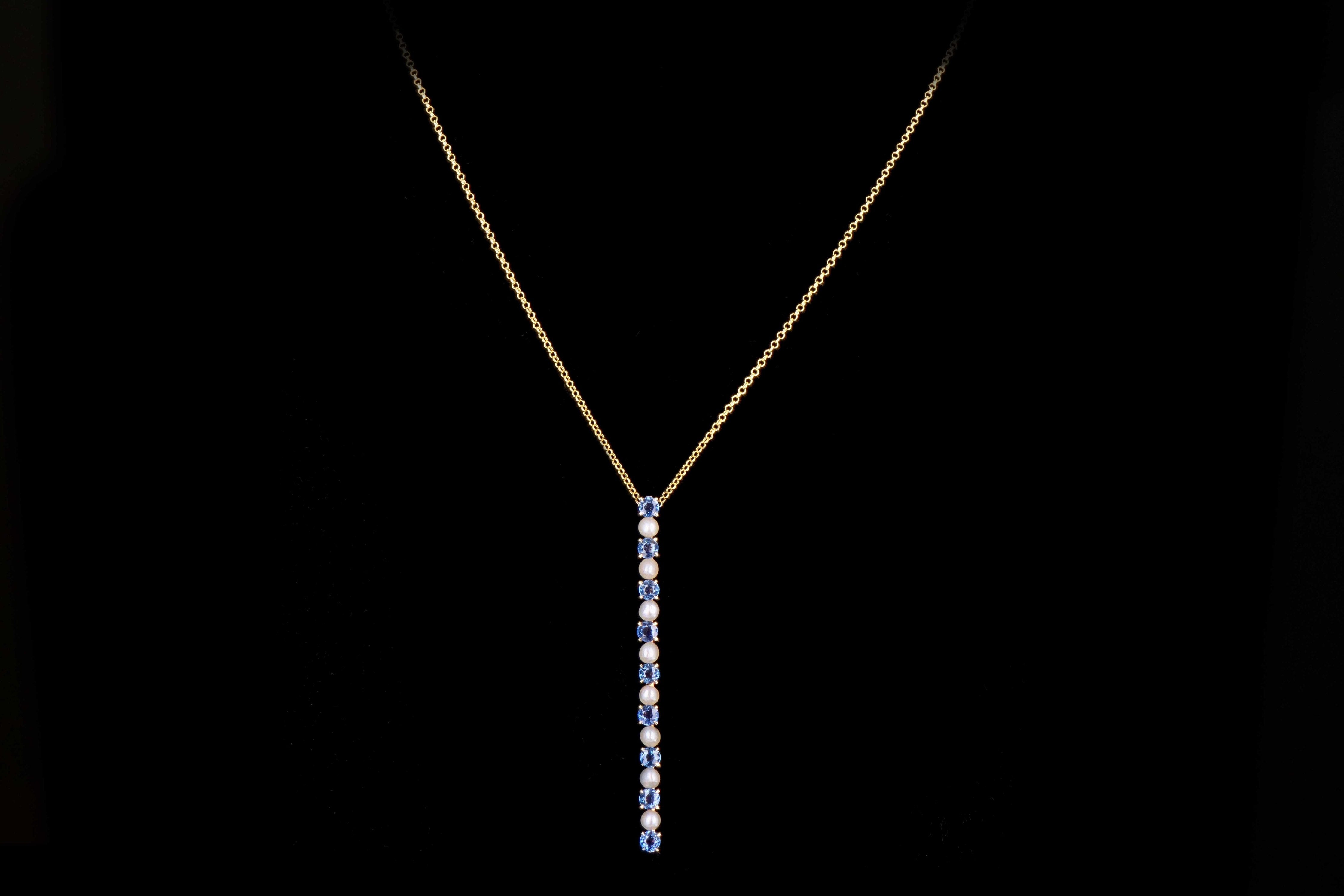 Victorian 14K Yellow Gold 1.8 Carats Total Natural Blue Yogo Gulch Sapphire and Pearl Bar Pin Conversion Necklace - Queen May