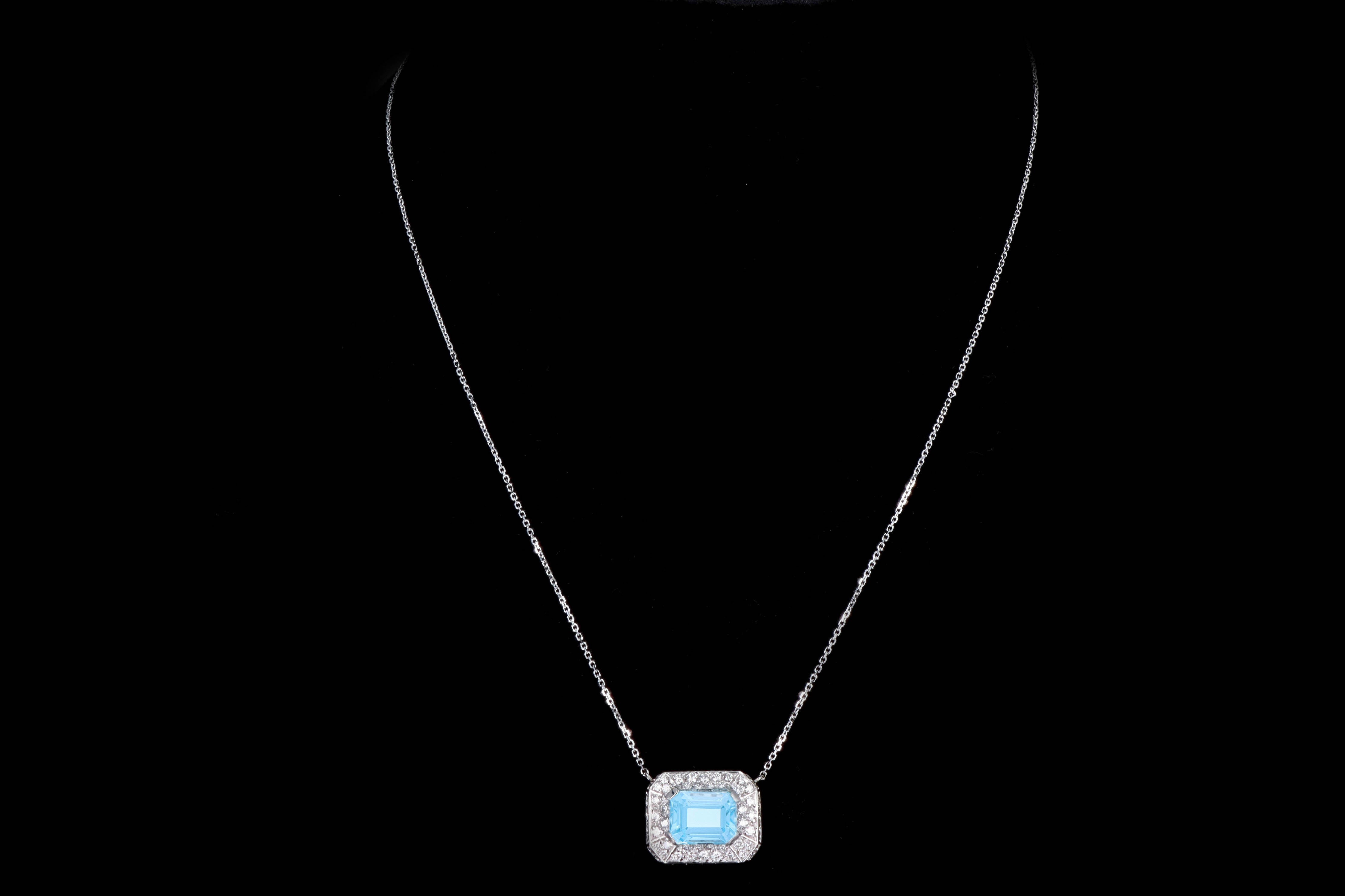 Modern Platinum & 14K White Gold 4.20 Carat Emerald Cut Blue Topaz & Diamond Necklace - Queen May