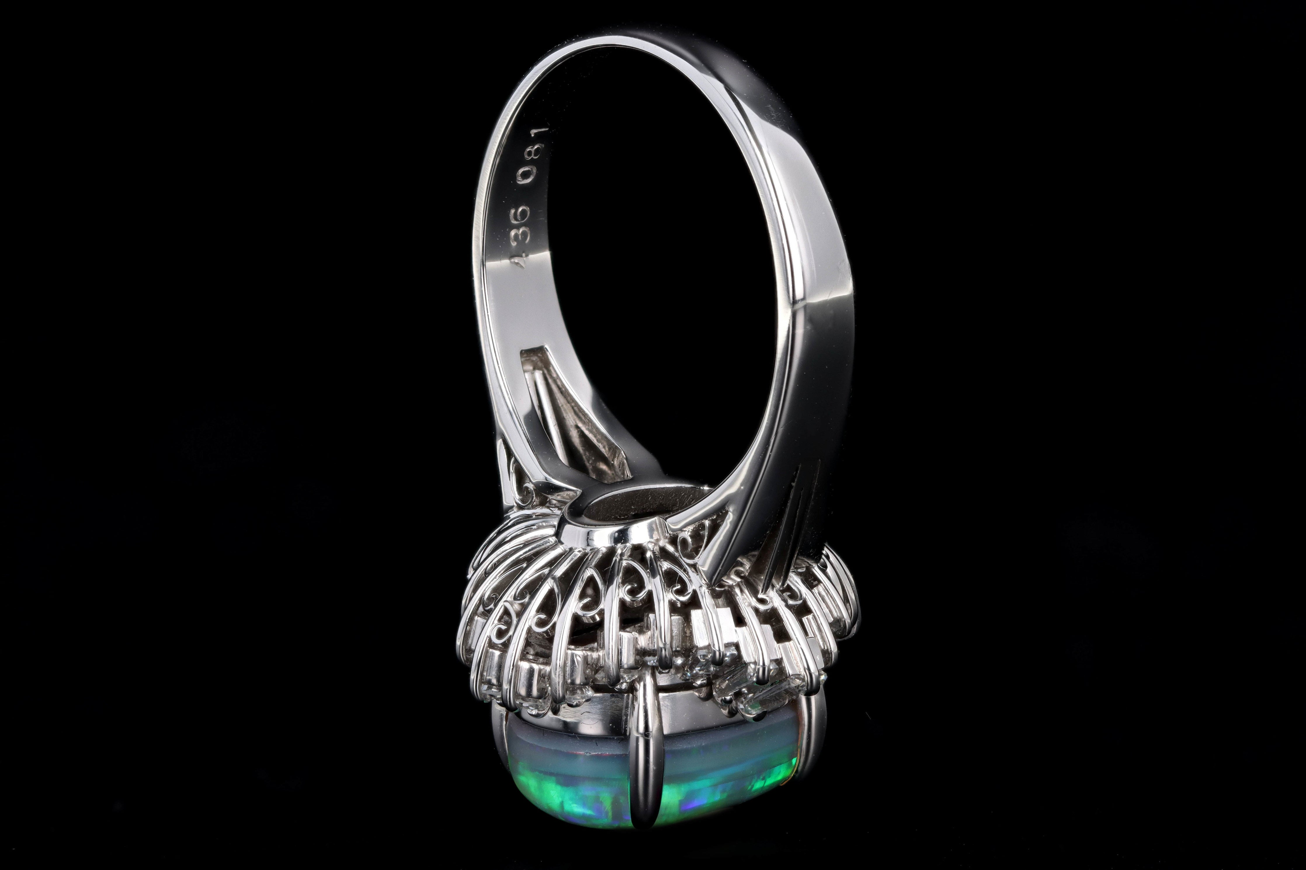 Retro Platinum 4.36 Carat Oval Cabochon Cut Black Opal & Diamond Ring - Queen May