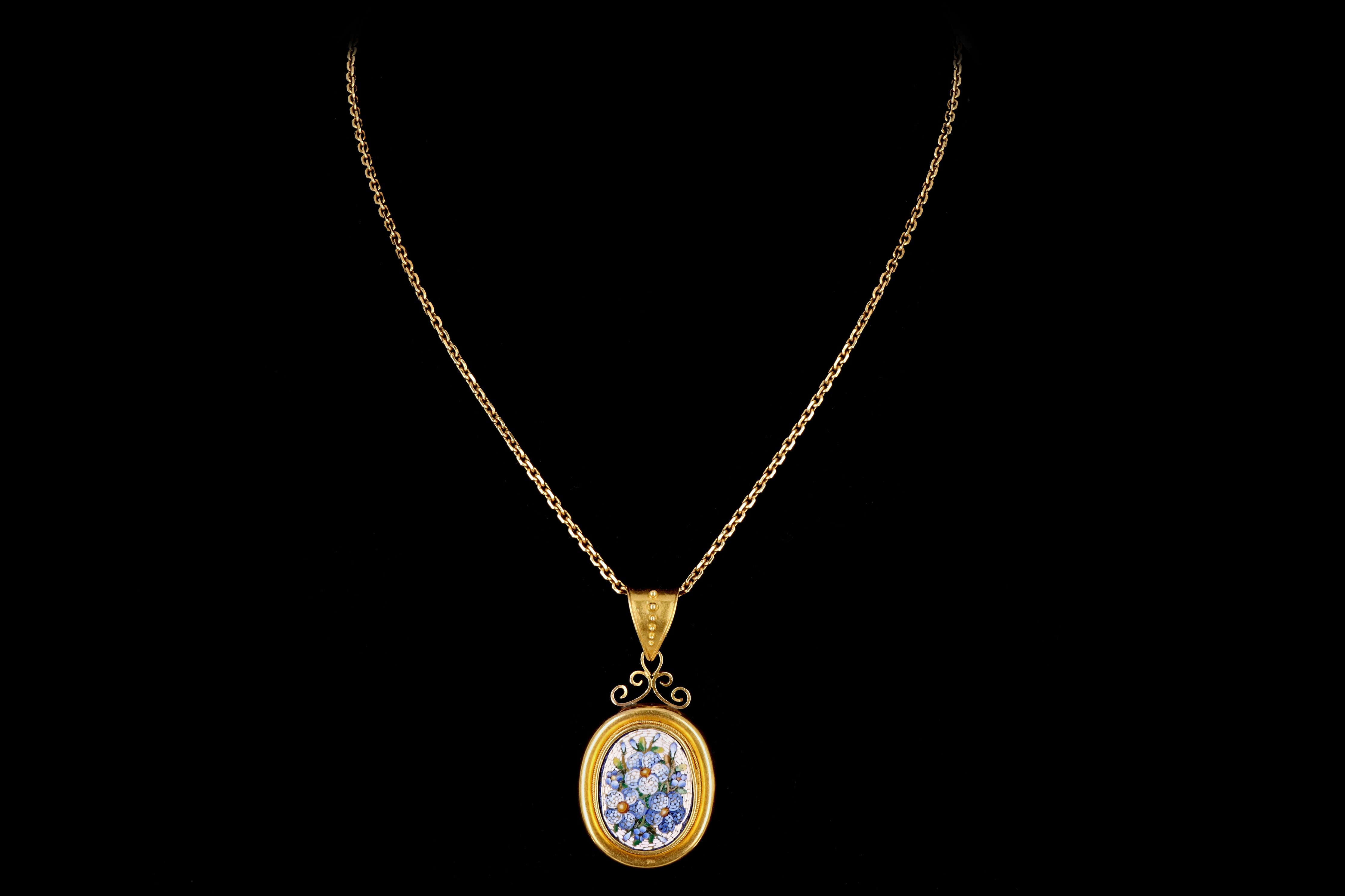 Victorian 22K Yellow Gold Micro Mosaic Pendant Necklace - Queen May