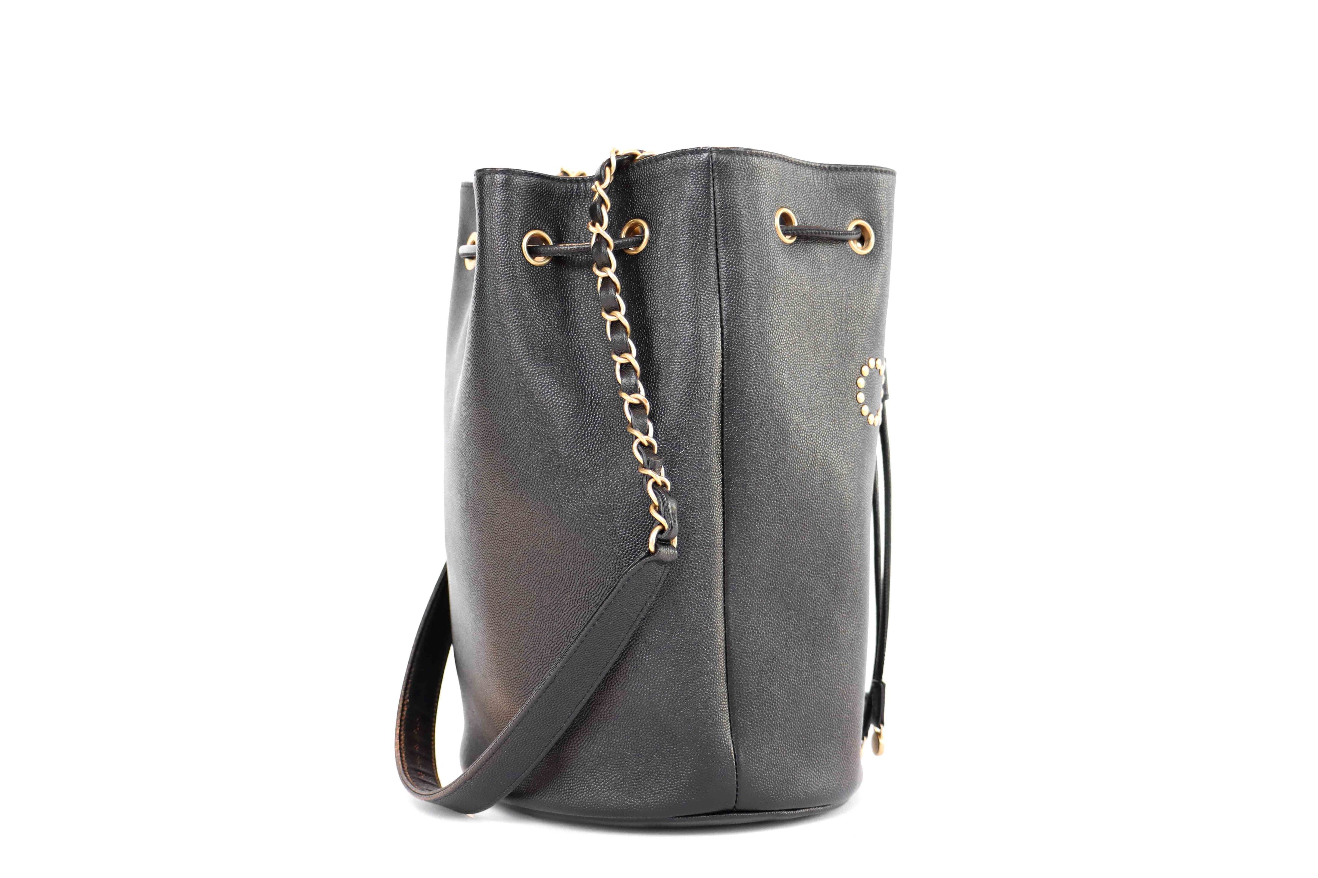 Chanel Caviar Deauville Drawstring Black Bucket Bag - Queen May