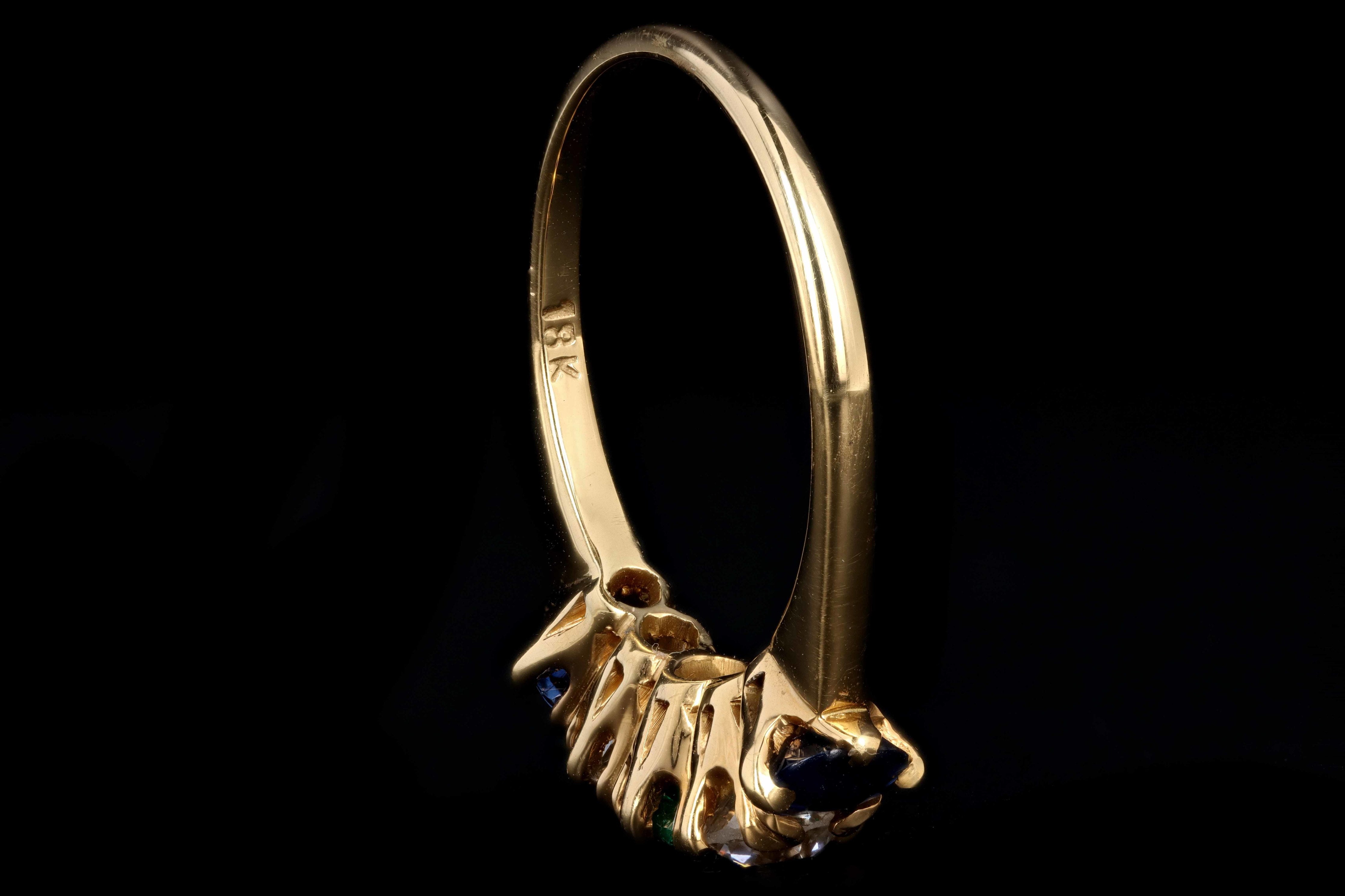 Victorian 18K Yellow Gold Diamond Sapphire & Emerald 5 Stone Half Band Size 7.25 - Queen May