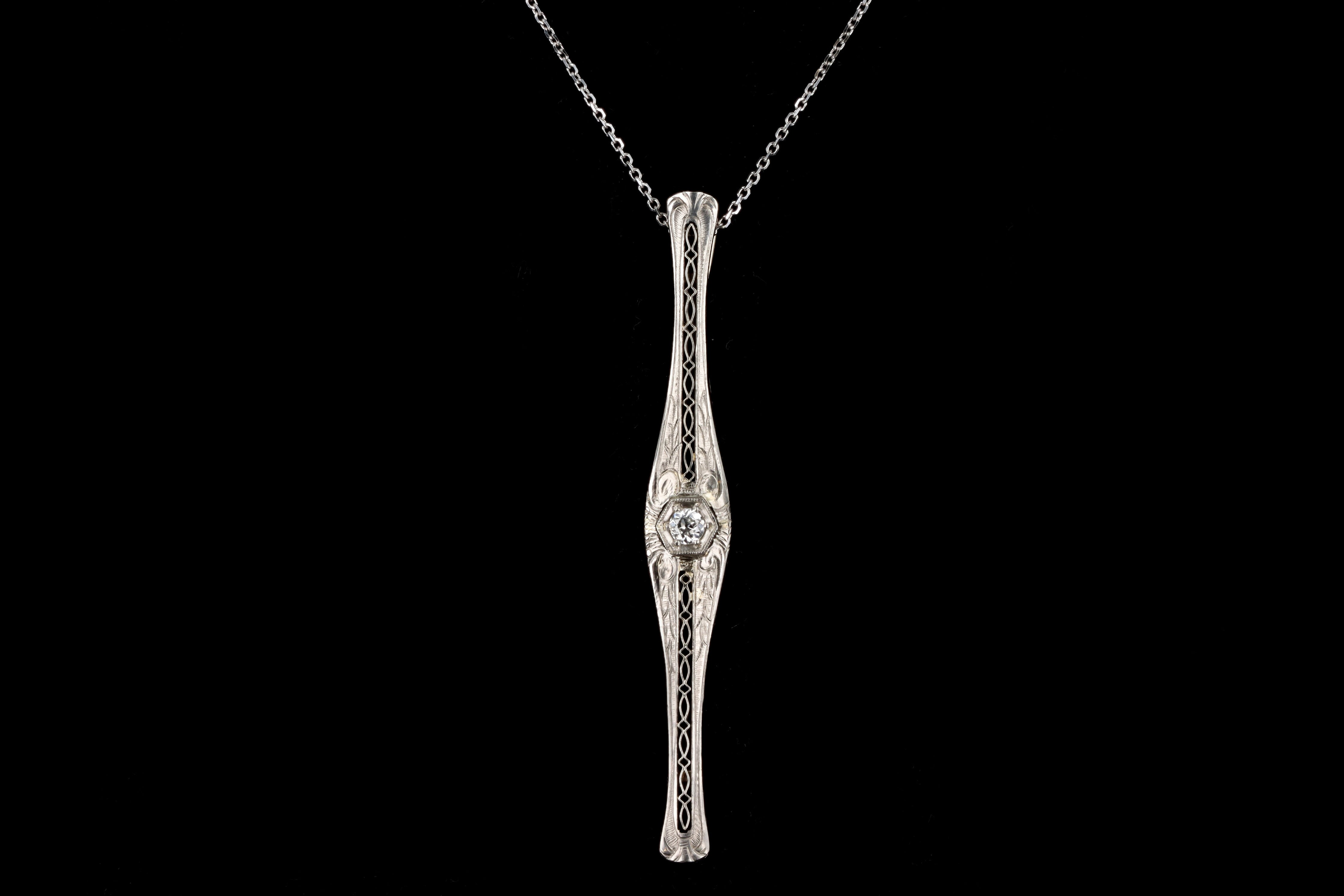 Art Deco Platinum & 14K Yellow Gold .14 Carat Old European Cut Diamond Bar Pin Conversion Pendant Necklace - Queen May