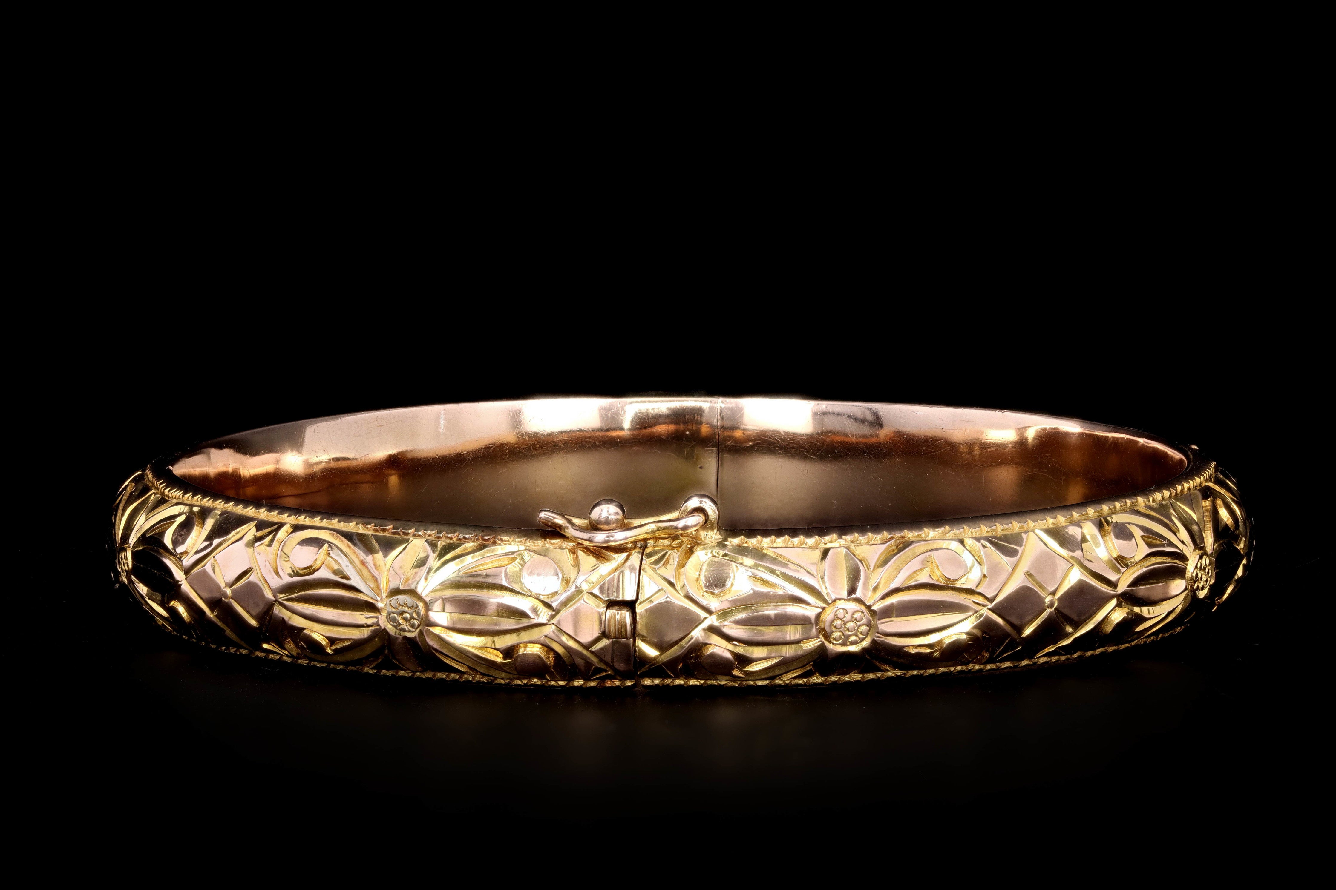 Vintage 14K Yellow Gold Floral Motif Bangle - Queen May