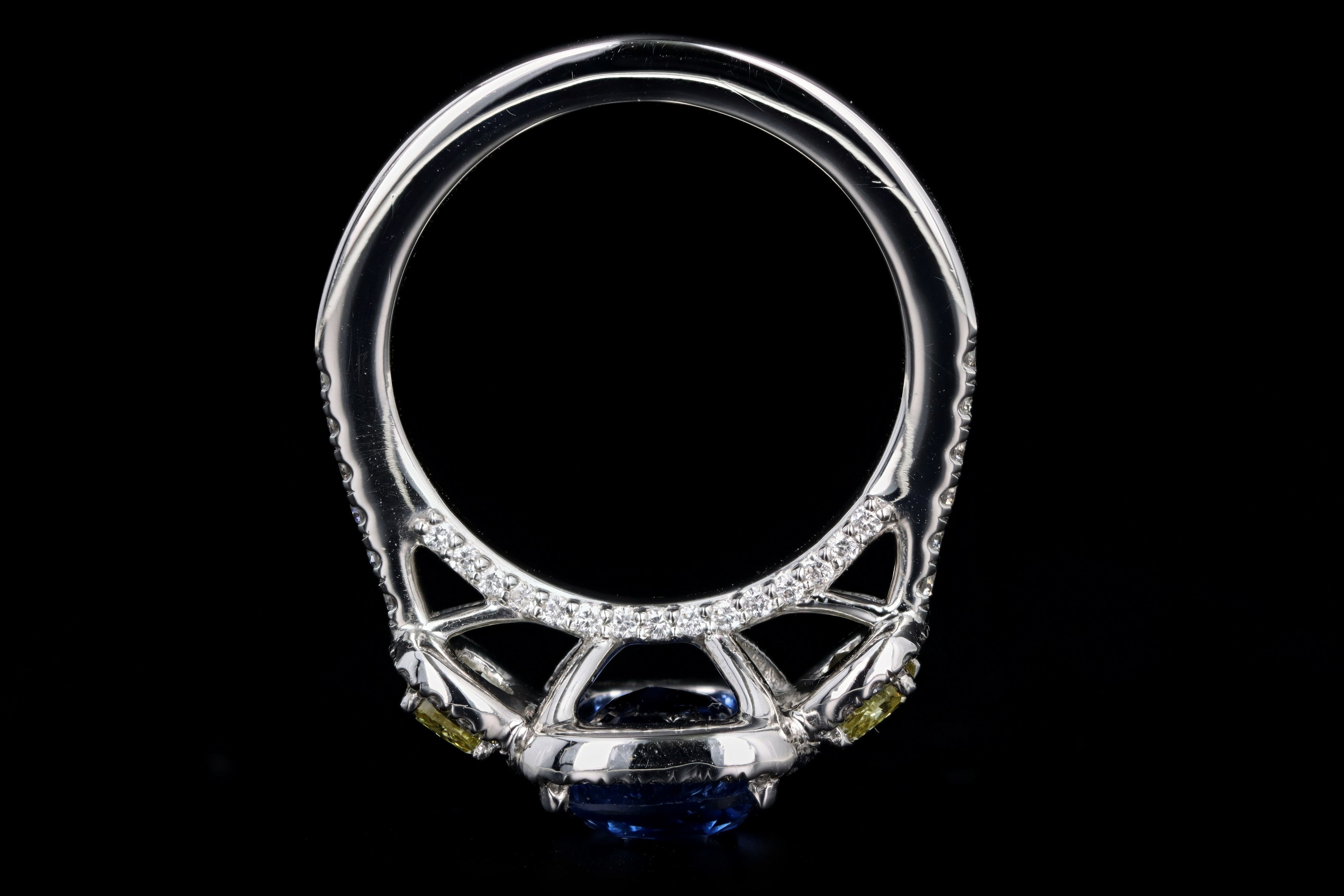 New Platinum 3.15 Carat Cushion Cut Natural No Heat Ceylon Sapphire & Yellow Diamond Ring - Queen May