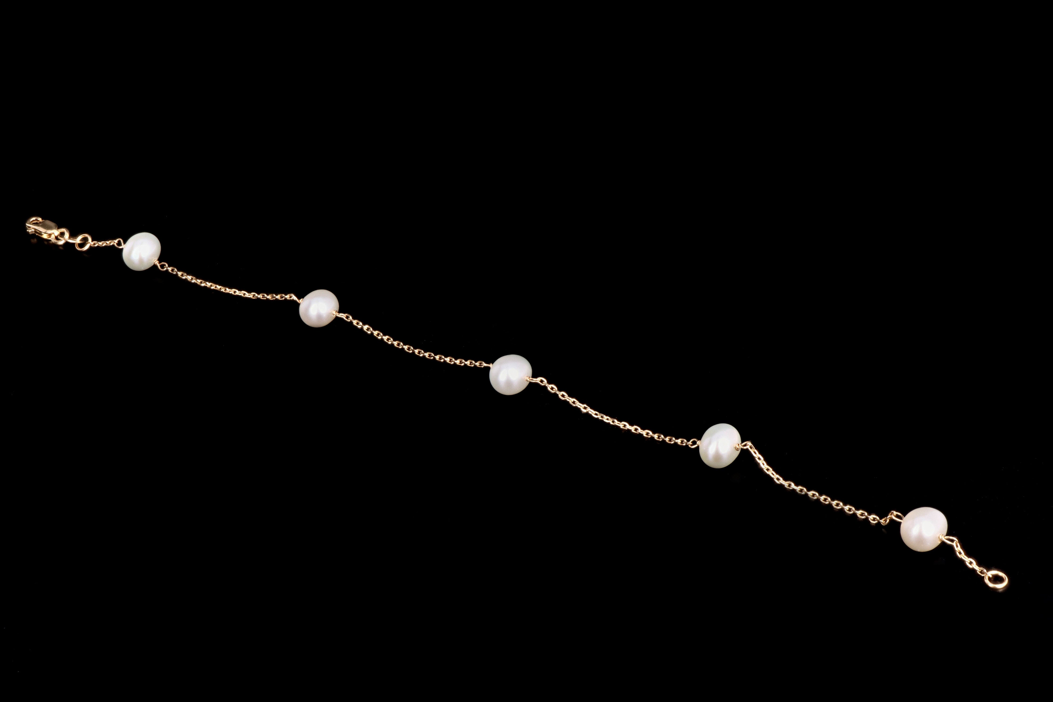 14K Yellow Gold Freshwater Cultured Pearl Station Bracelet - Queen May