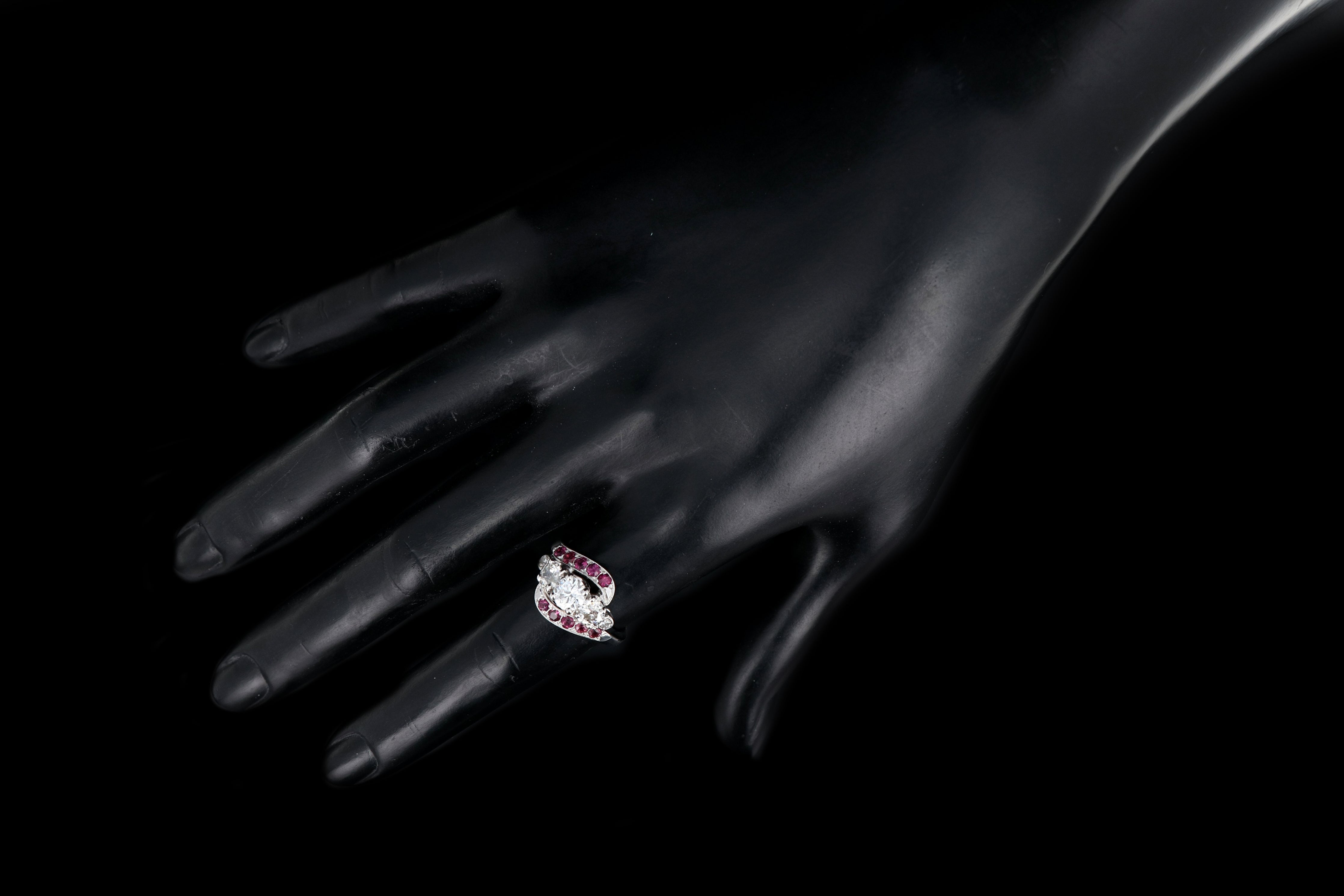 Retro 14K White Gold Diamond & Ruby Ring c.1950's - Queen May