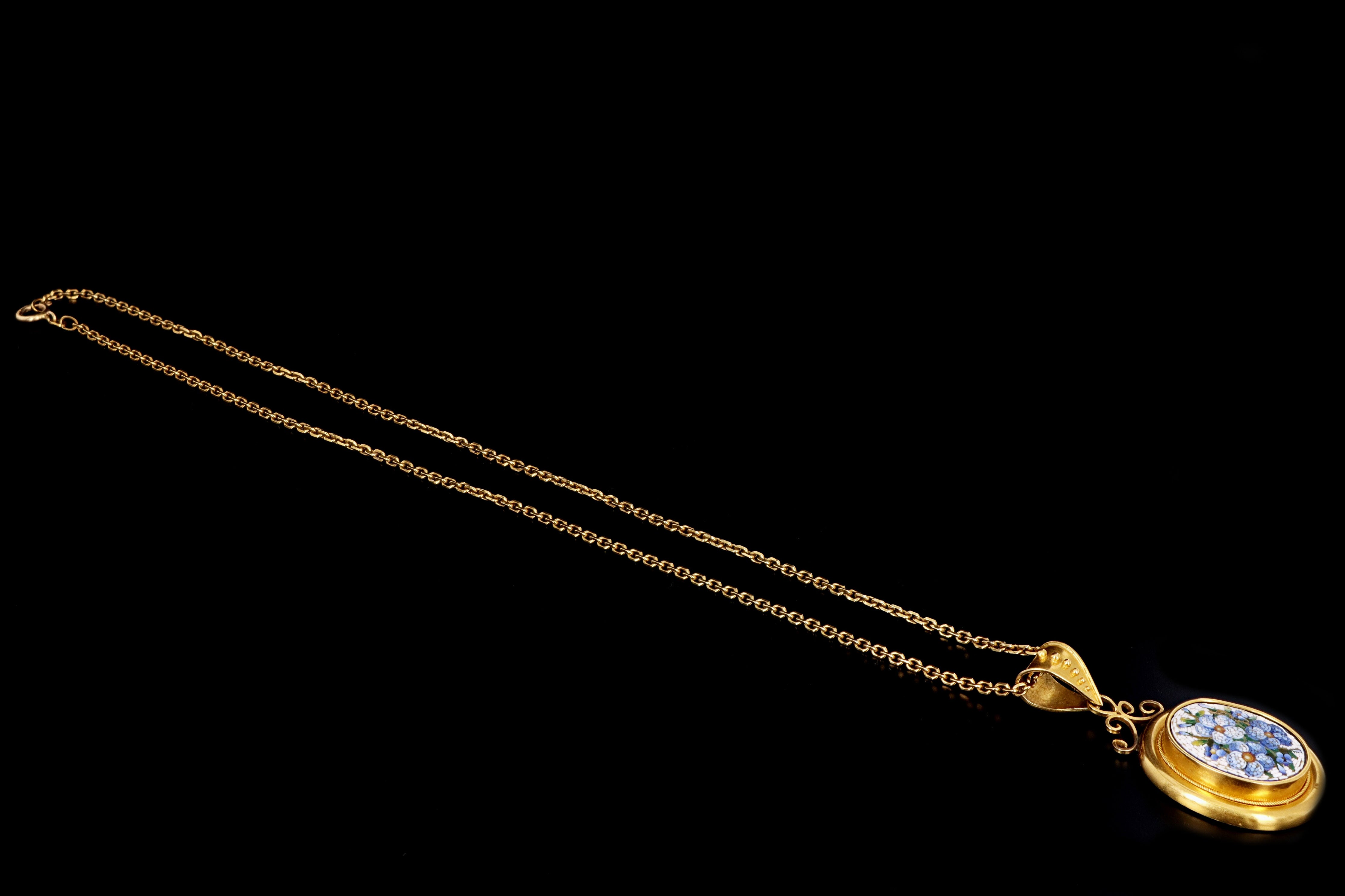 Victorian 22K Yellow Gold Micro Mosaic Pendant Necklace - Queen May
