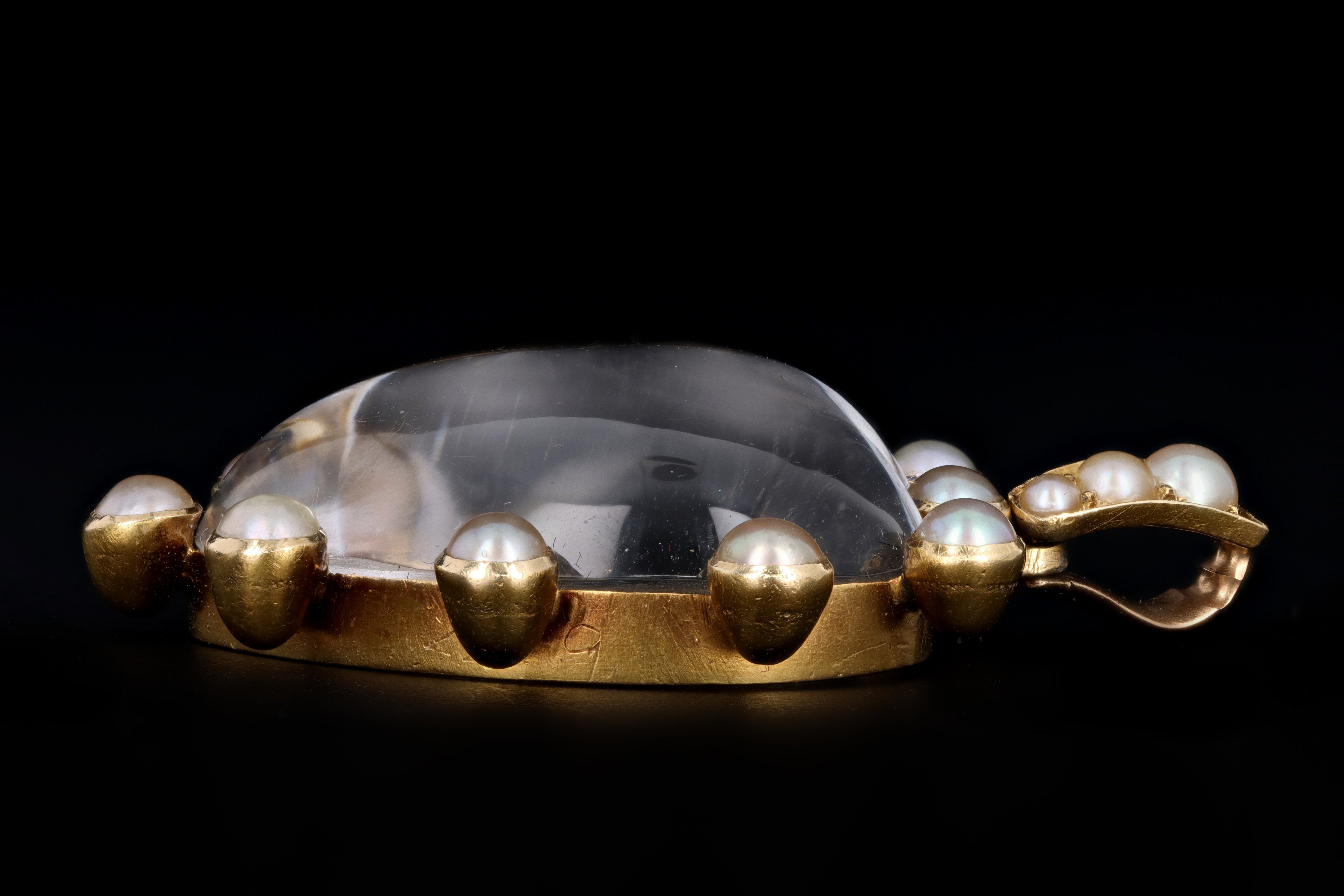 Victorian 15ct Yellow Gold Rock Crystal & Pearl Pendant - Queen May