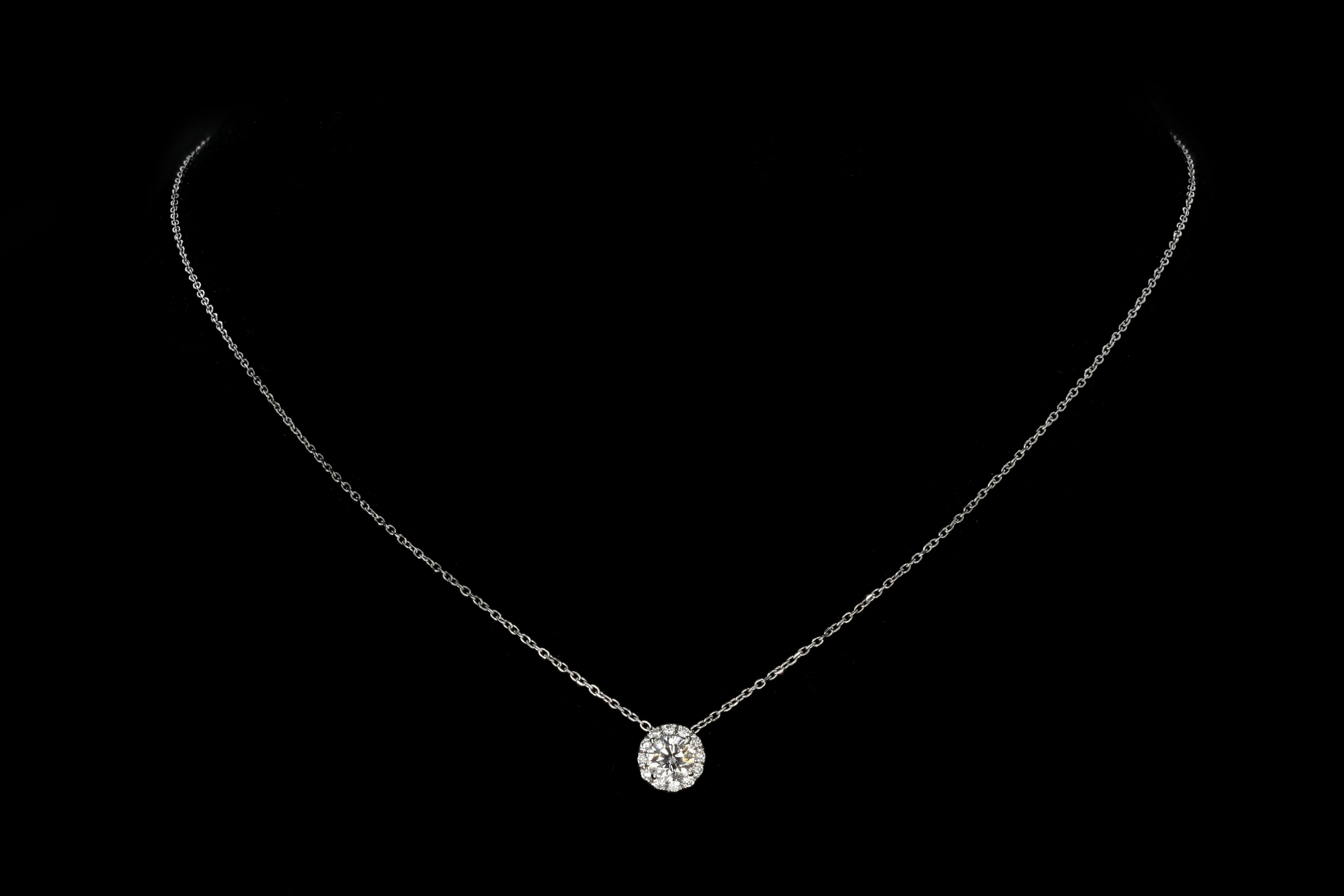 14K White Gold .50 Carat Diamond Halo Pendant Necklace - Queen May