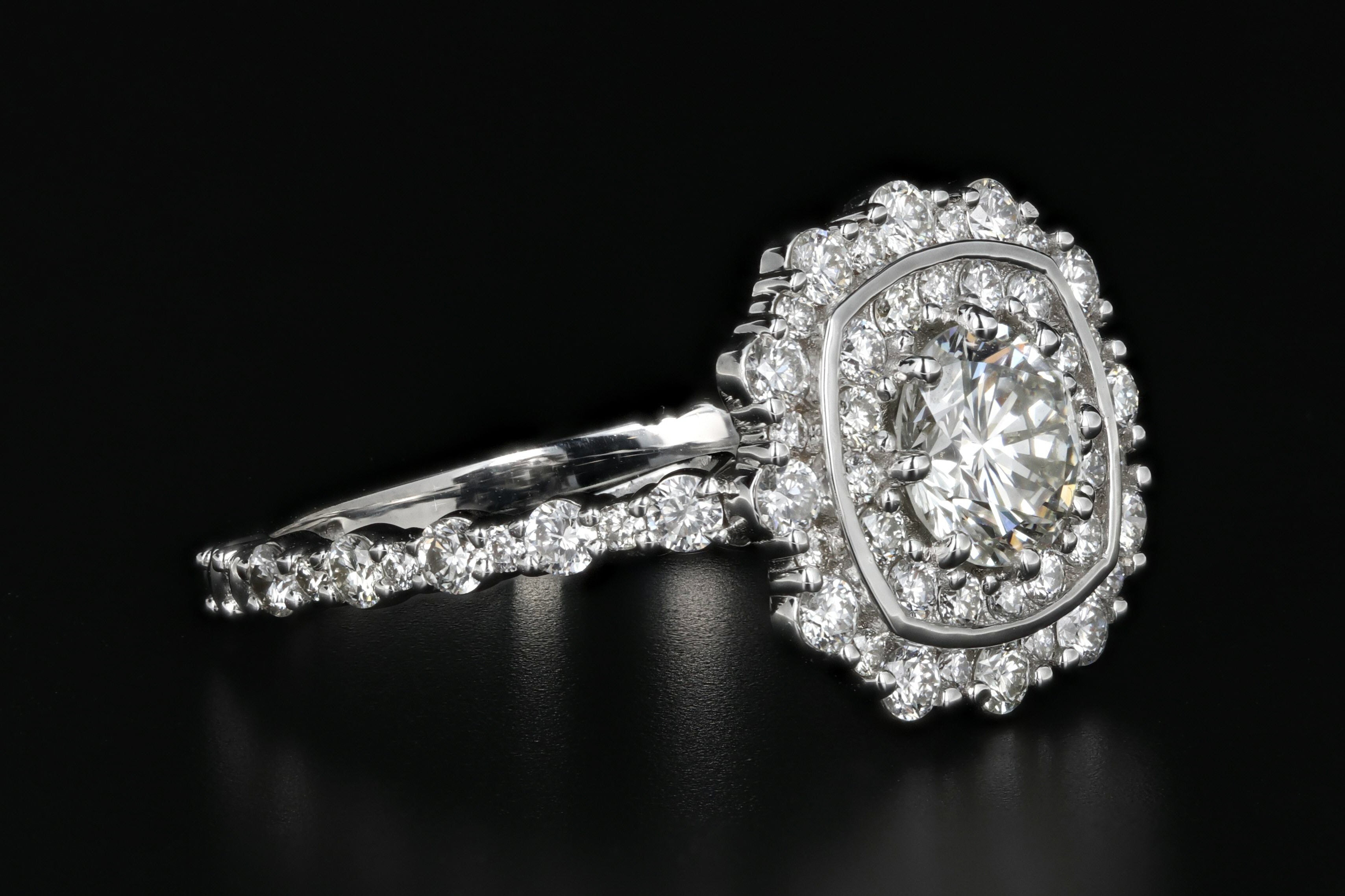New 18K White Gold .80 Carat Diamond Halo Engagement Ring - Queen May
