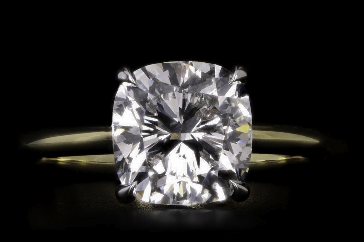 3.00 Carat Cushion Cut Diamond Hidden Halo Engagement Ring in 18K Yellow Gold & Platinum - Queen May