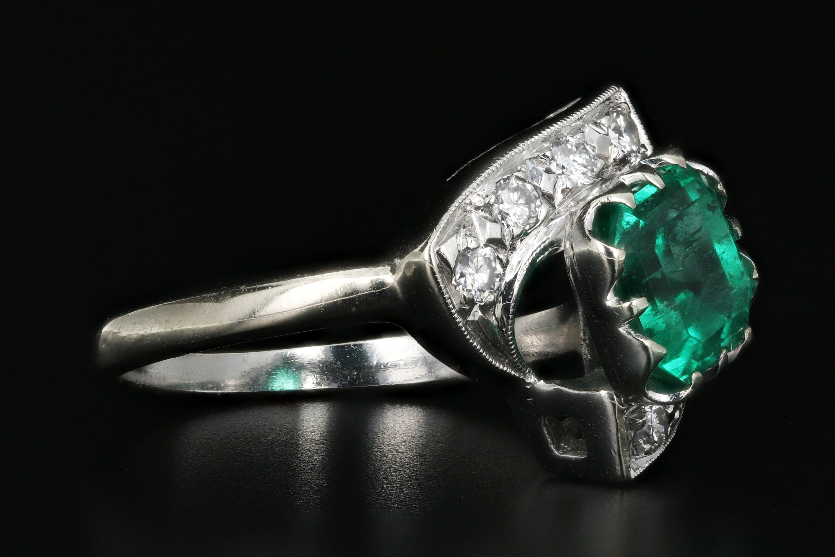 Vintage 14K White Gold 1.5 Carat Colombian Emerald and Diamond Ring - Queen May