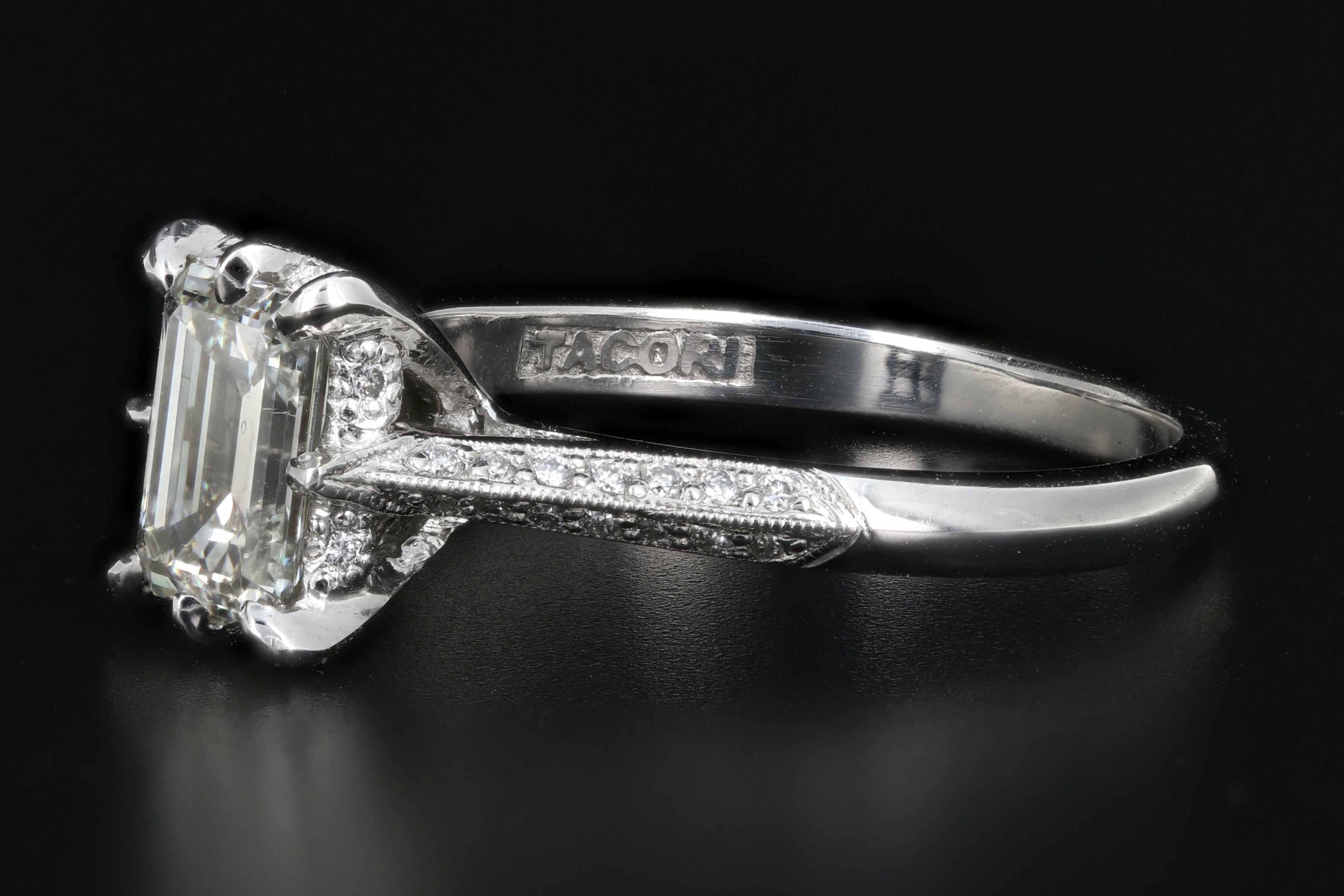 Tacori 18K White Gold .91 Carat Emerald Cut Diamond Ring GIA Certified - Queen May