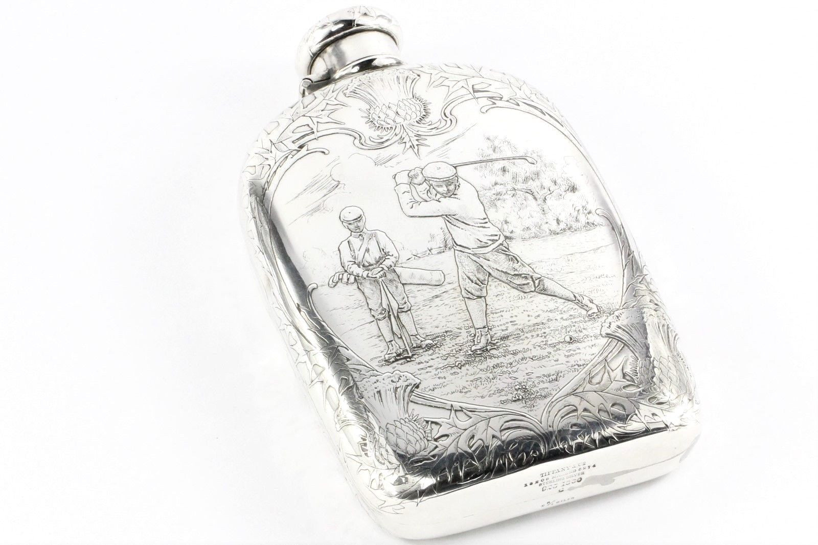 Tiffany & Co Sterling Silver Art Nouveau 1909 Large Lap Over Edge Golf Flask Trophy - Queen May