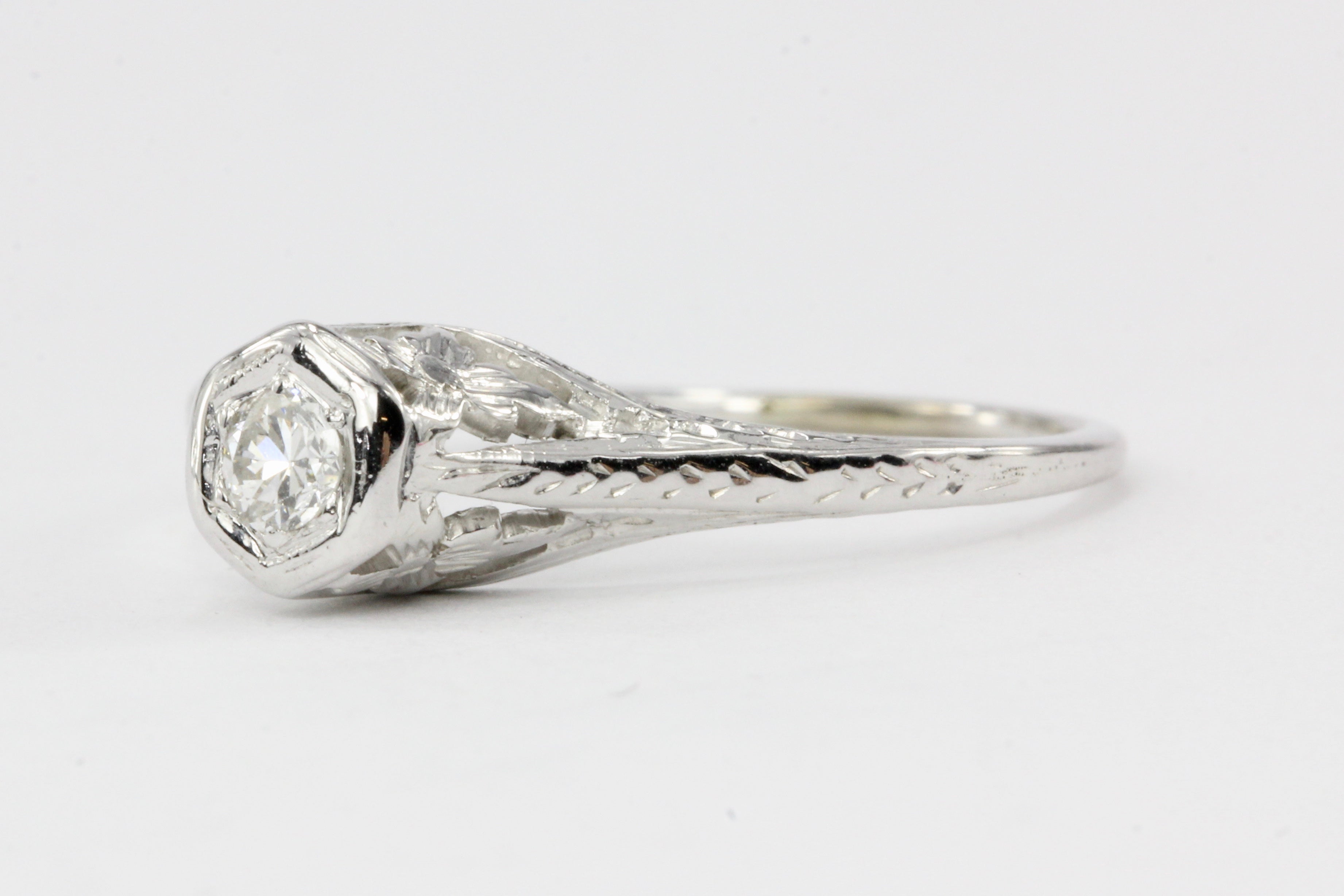 Art Deco 14K White Gold .09CT Diamond Ring - Queen May