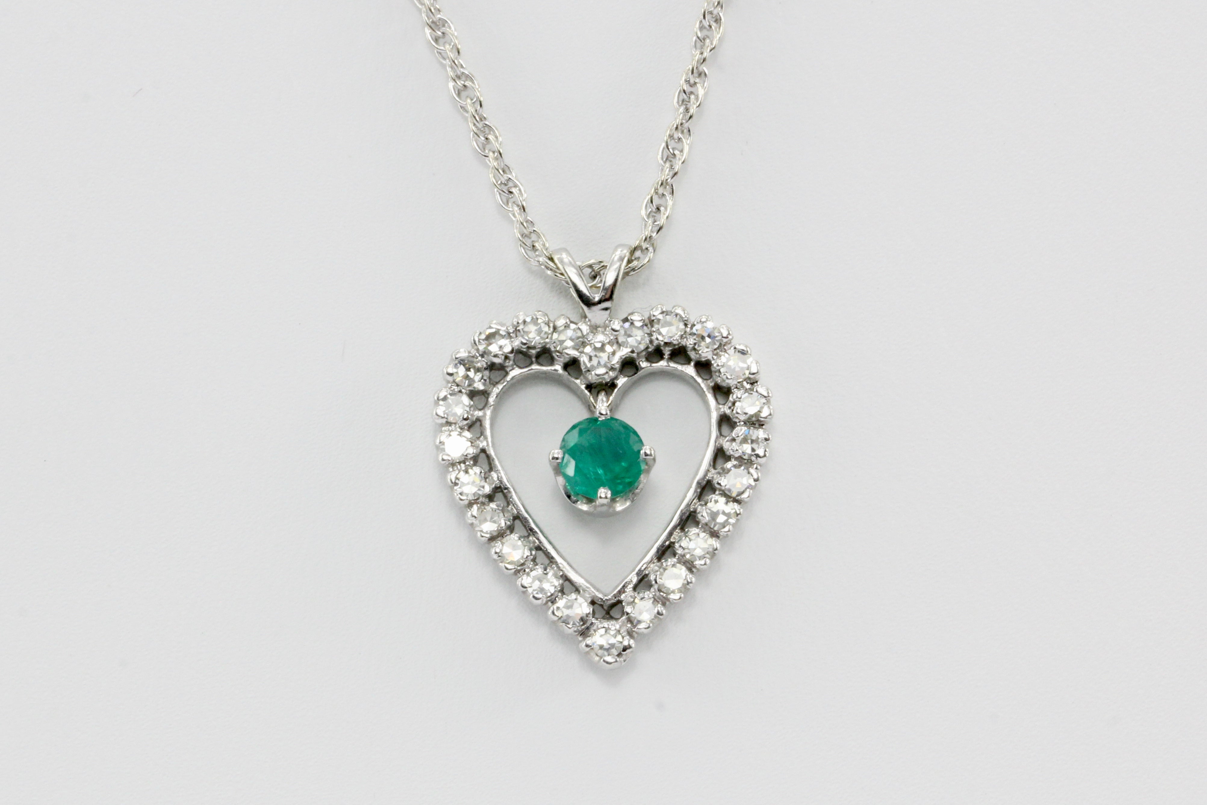 14K White Gold Emerald and Diamond Heart Necklace - Queen May