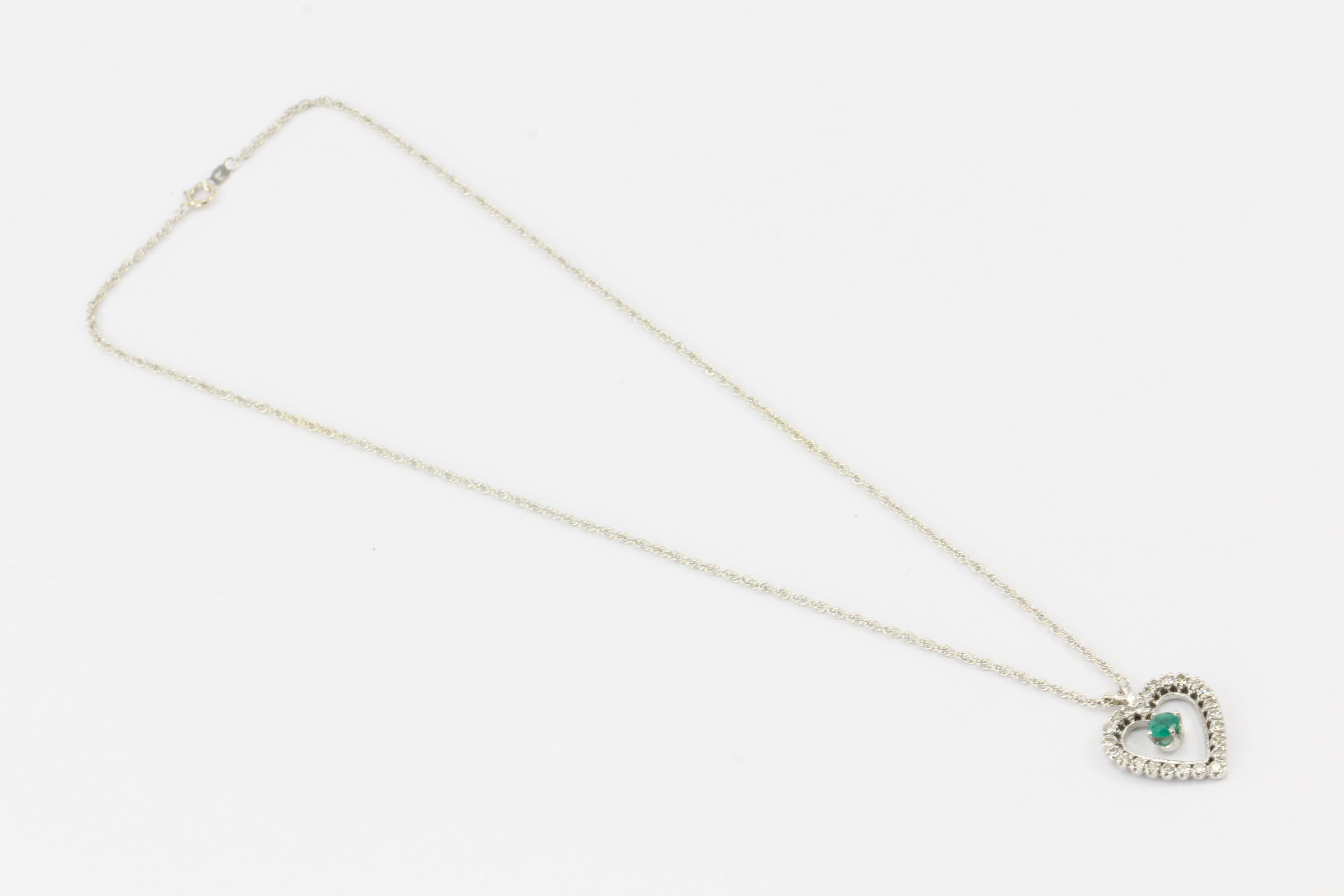 14K White Gold Emerald and Diamond Heart Necklace - Queen May