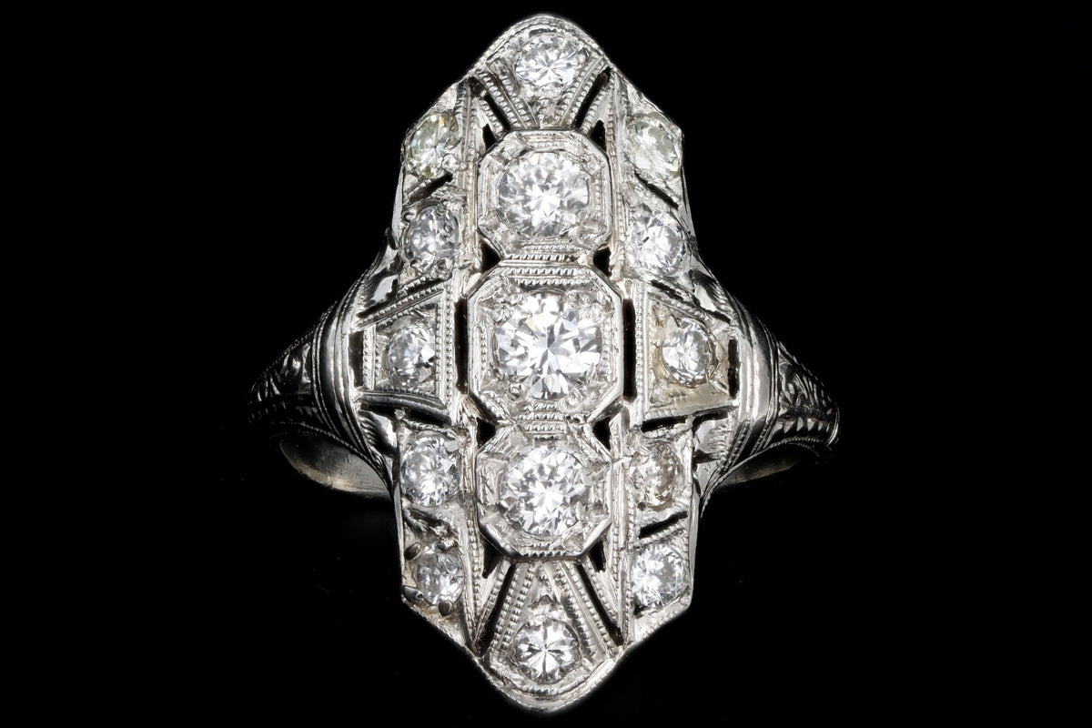 Art Deco Platinum 1 Carat Total Weight Transition Cut Diamond Shield Ring - Queen May