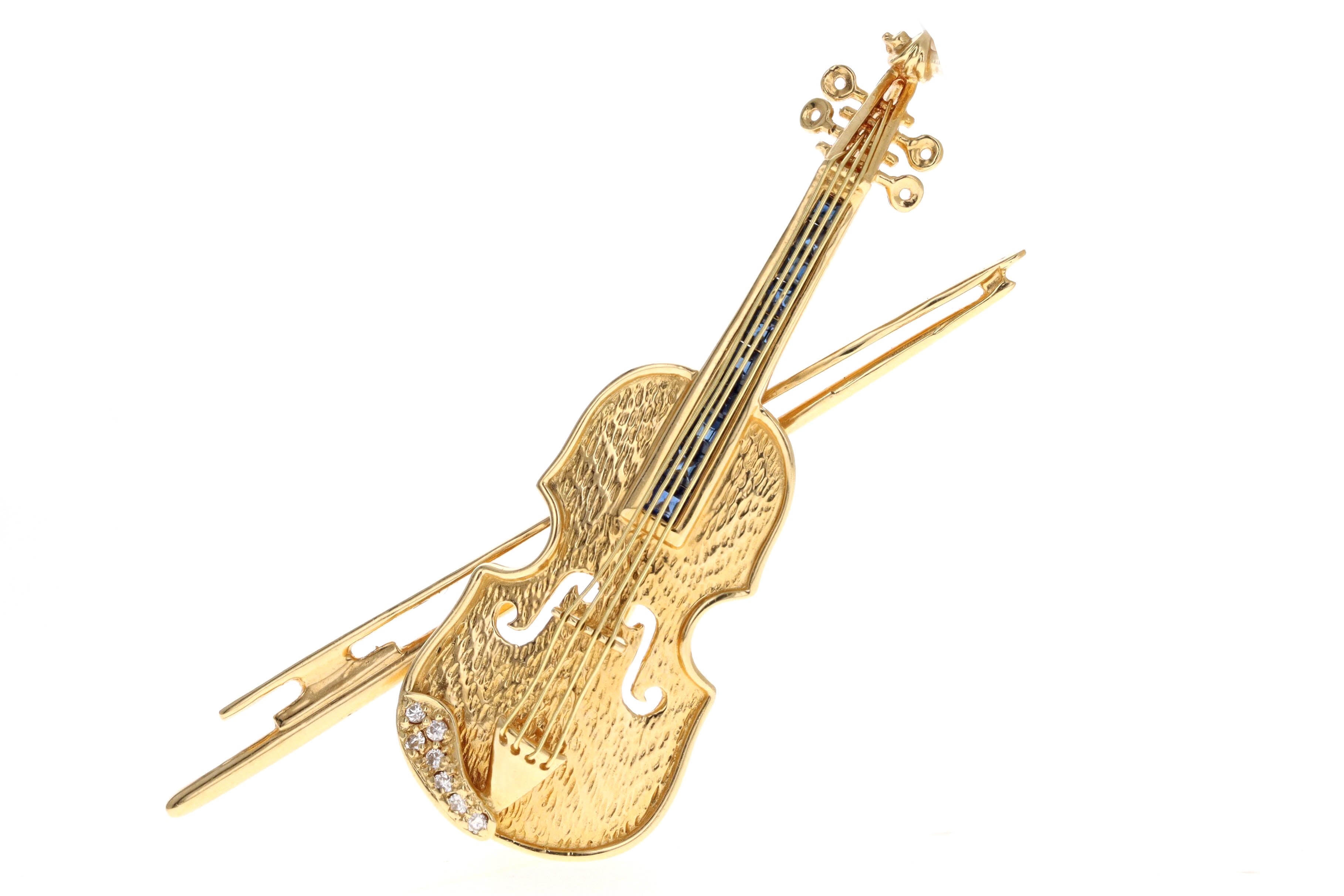 Vintage 18K Yellow Gold Sapphire & Diamond Violin Pendant/Brooch - Queen May