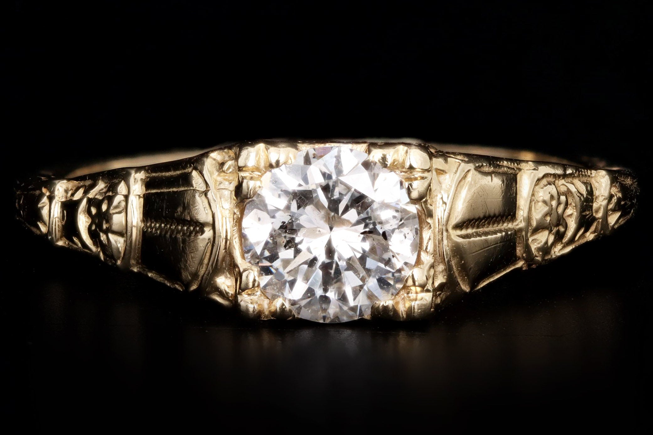 Art Deco Inspired 14K Yellow Gold .58 Carat Round Brilliant Diamond Engagement Ring - Queen May