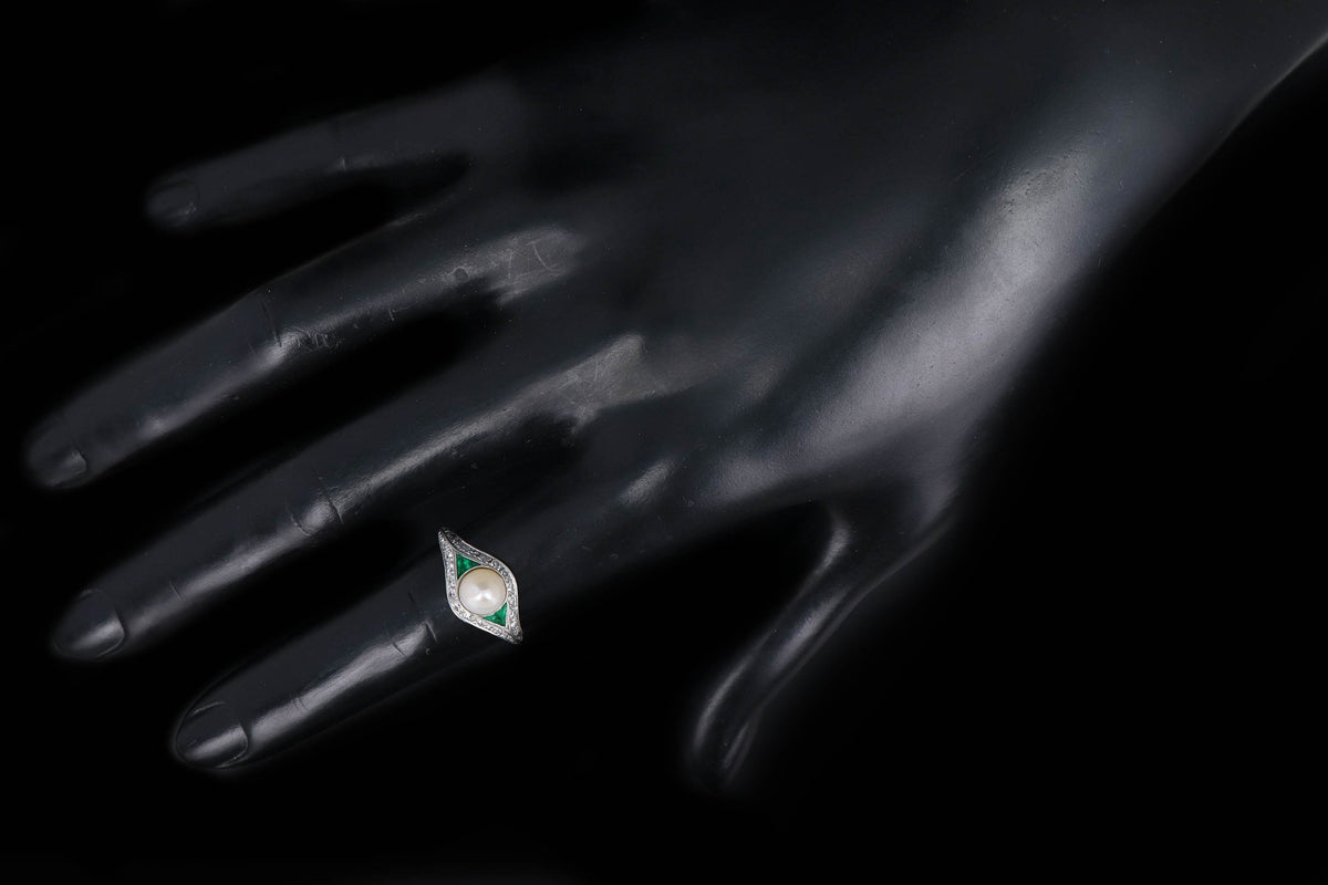 Art Deco Pearl Trillion Cut Emerald & Diamond Knife Edge Ring - Queen May