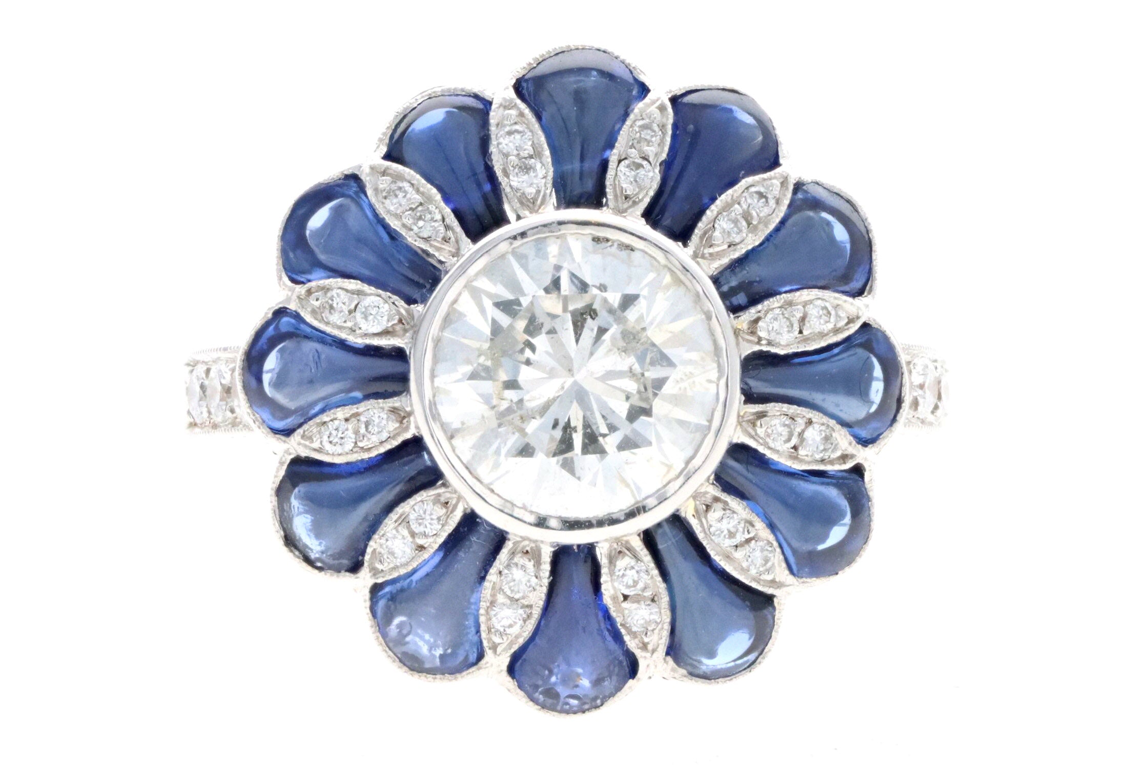 Art Deco Inspired 2.06 Carat Round Brilliant Diamond & Synthetic Sapphire Flower Ring - Queen May
