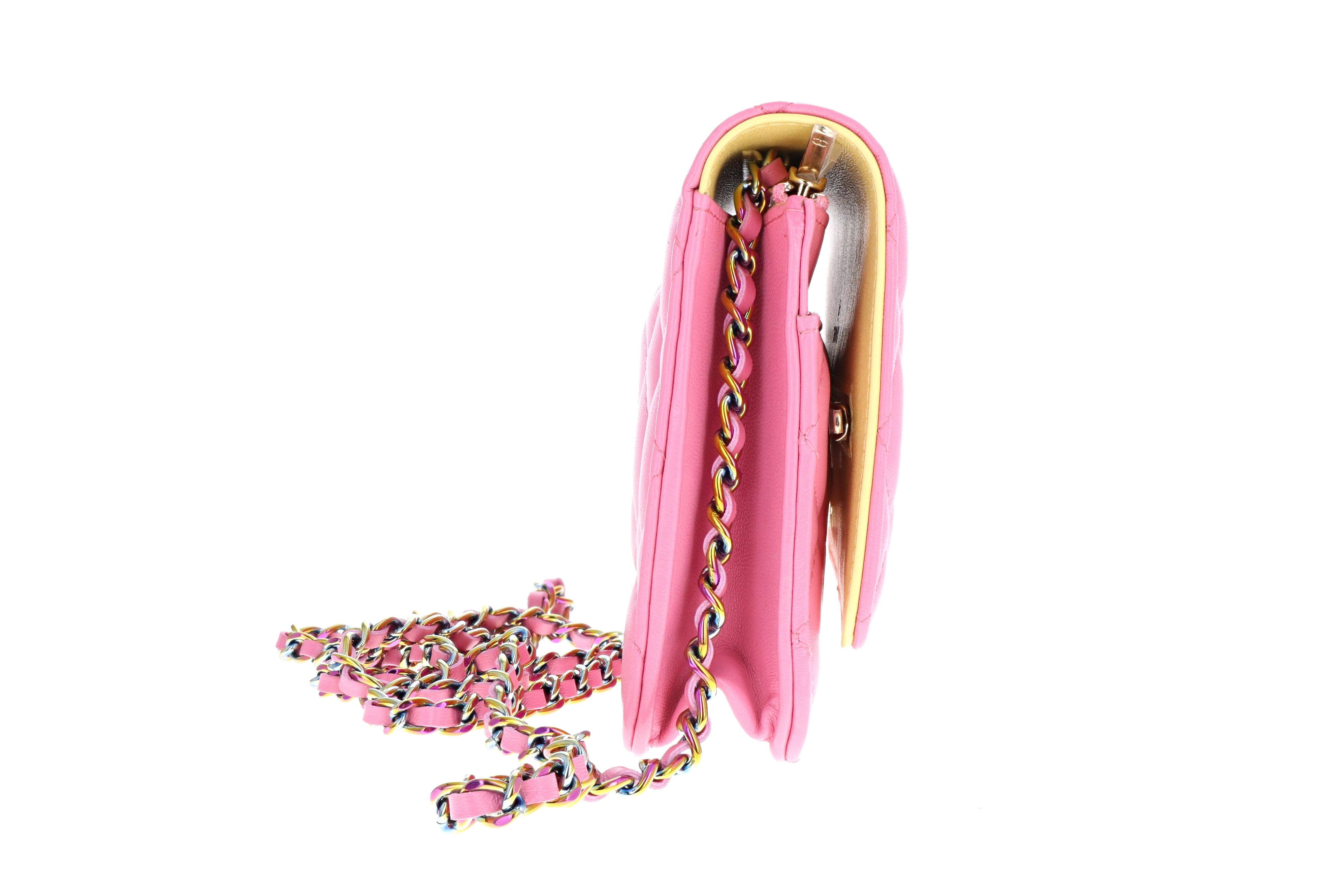 Chanel Lambskin Quilted Wallet on Chain WOC Pink & Yellow - Queen May