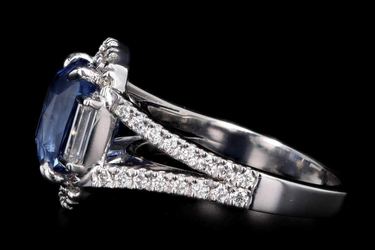 18K White Gold 5.09 Carat Cushion Cut Natural No Heat Sapphire & Diamond Ring EGL Certified - Queen May