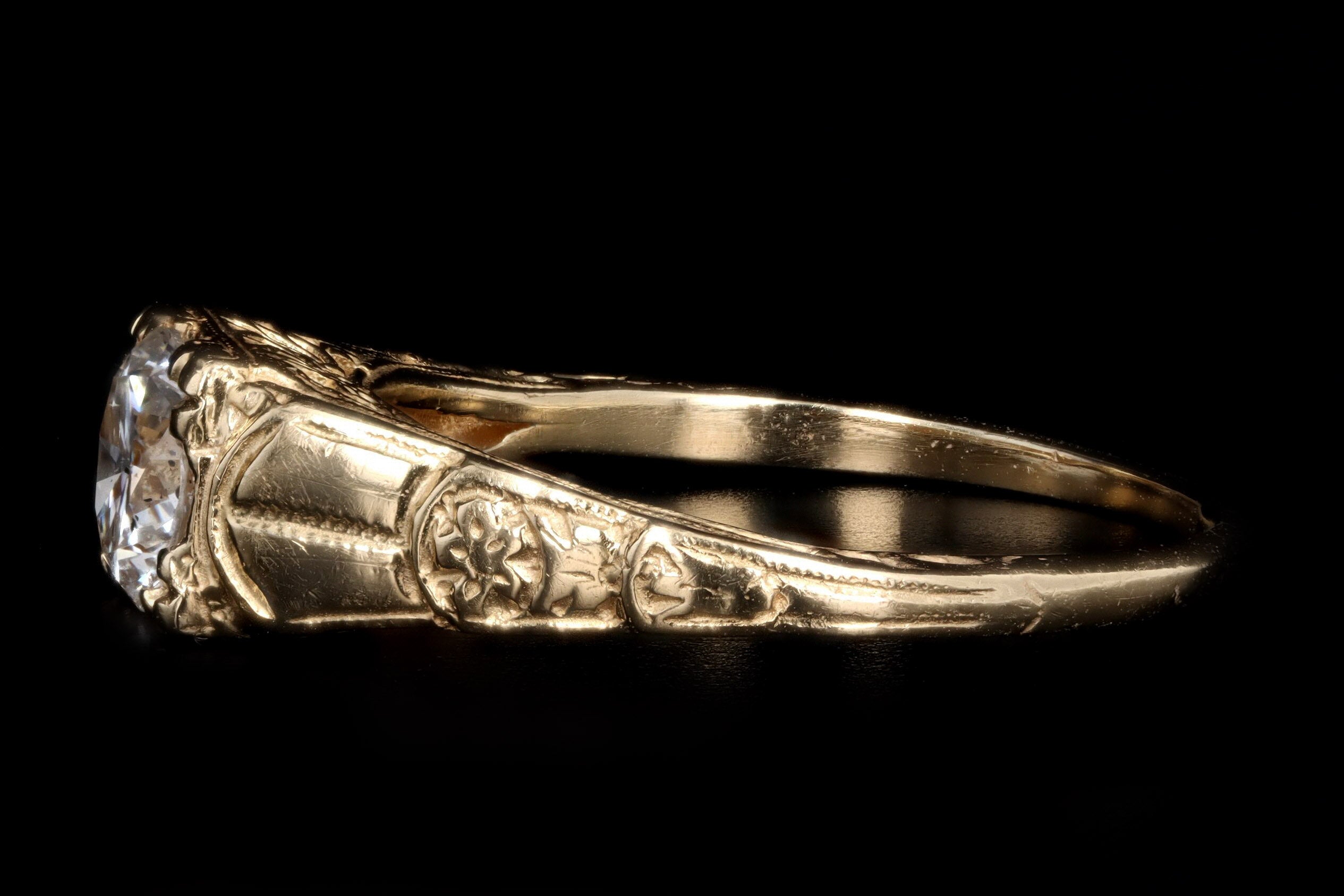 Art Deco Inspired 14K Yellow Gold .58 Carat Round Brilliant Diamond Engagement Ring - Queen May
