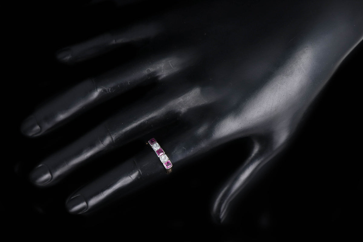 Art Deco Platinum & 18K Yellow Gold Natural Ruby & Old European Cut Diamond Band - Queen May