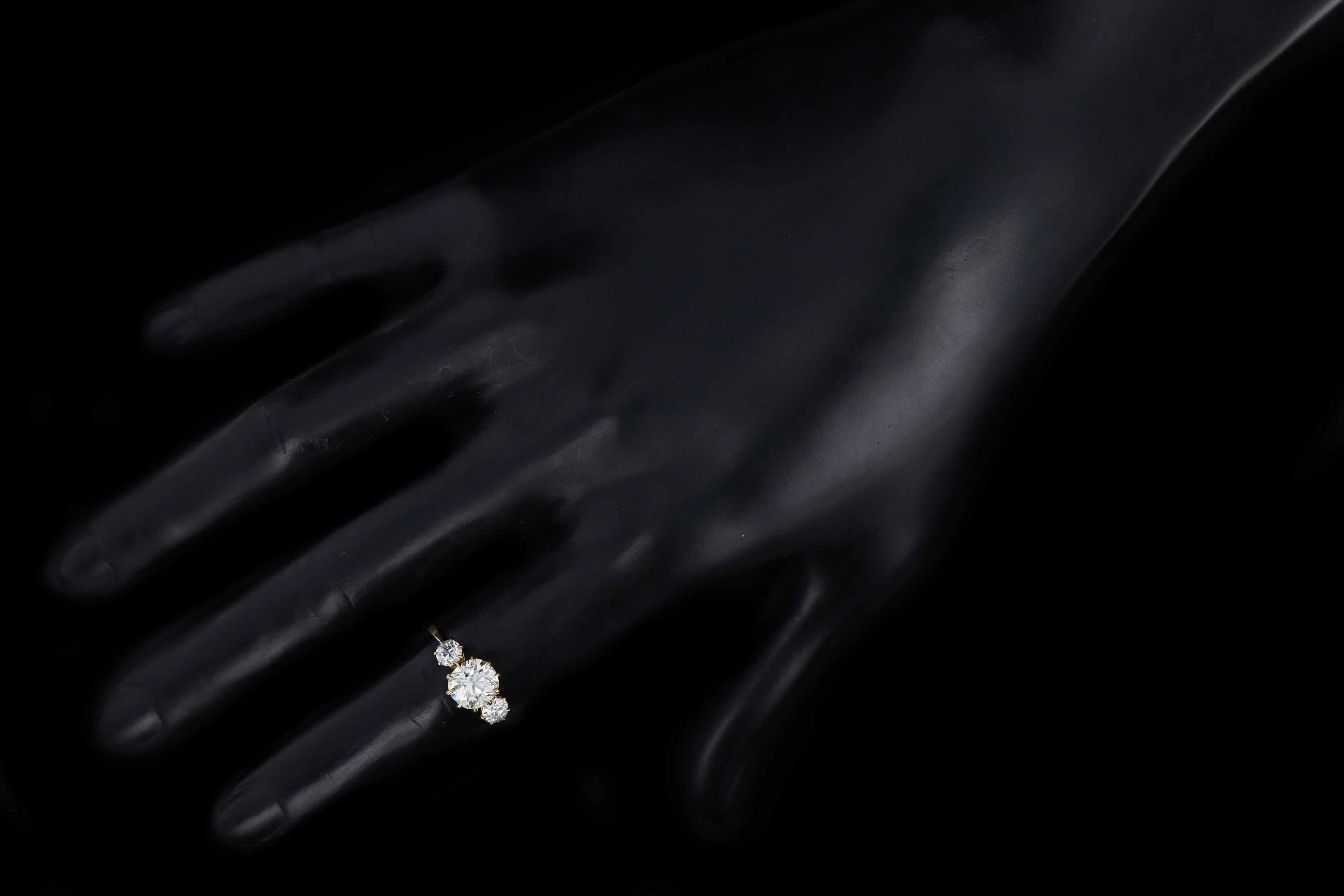 Vintage Inspired 18K Yellow Gold 1.34 Carat Old Mine Cut Diamond Three Stone Engagement Ring - Queen May