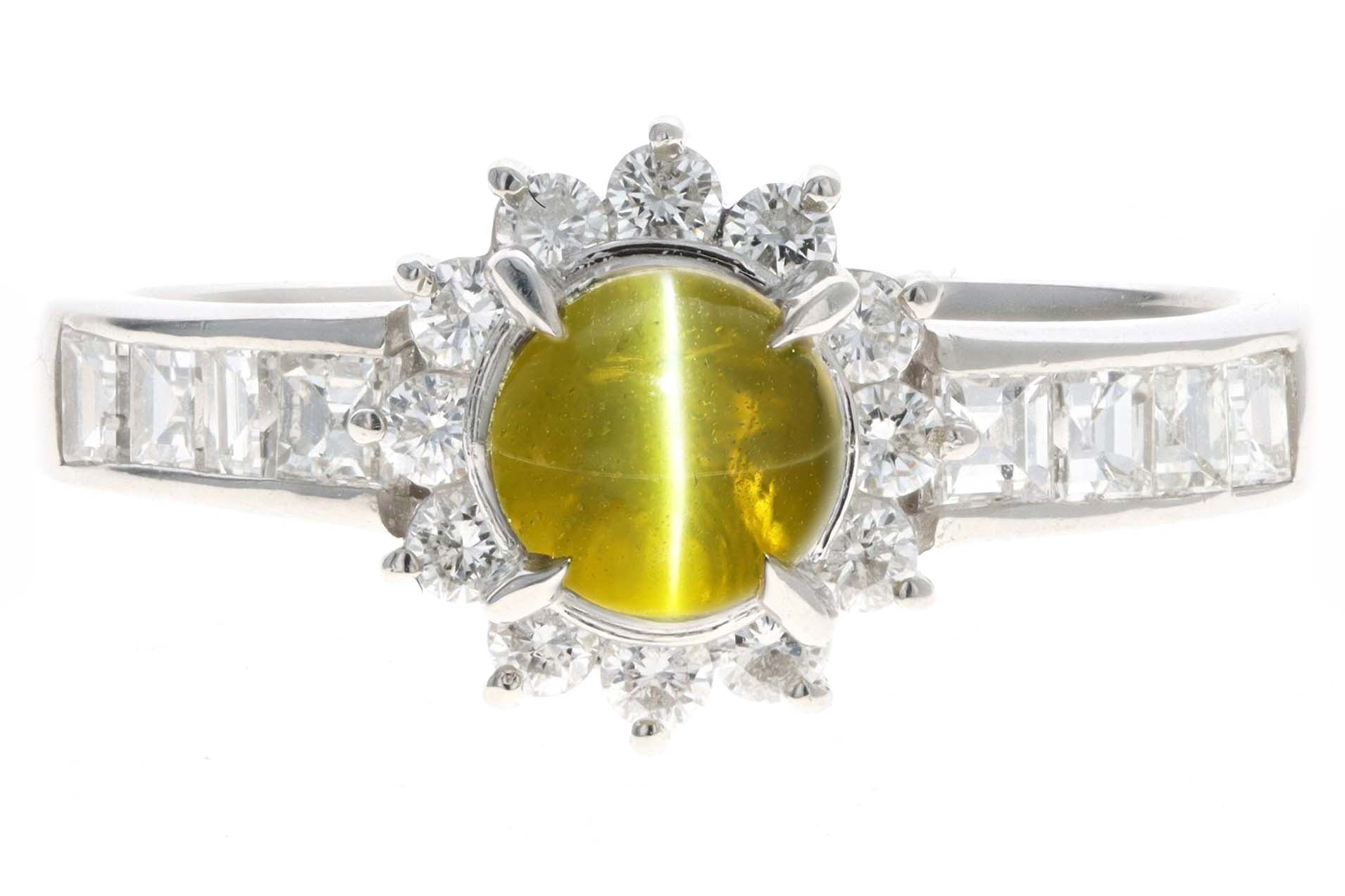 Platinum .91 Carat Cat's Eye Chrysoberyl & Diamond Halo Ring - Queen May