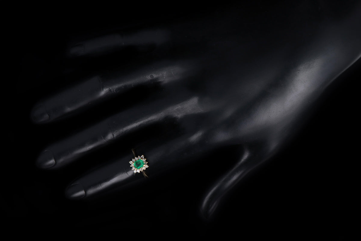 14K Yellow Gold .45 Carat Natural Emerald & Diamond Halo Ring - Queen May