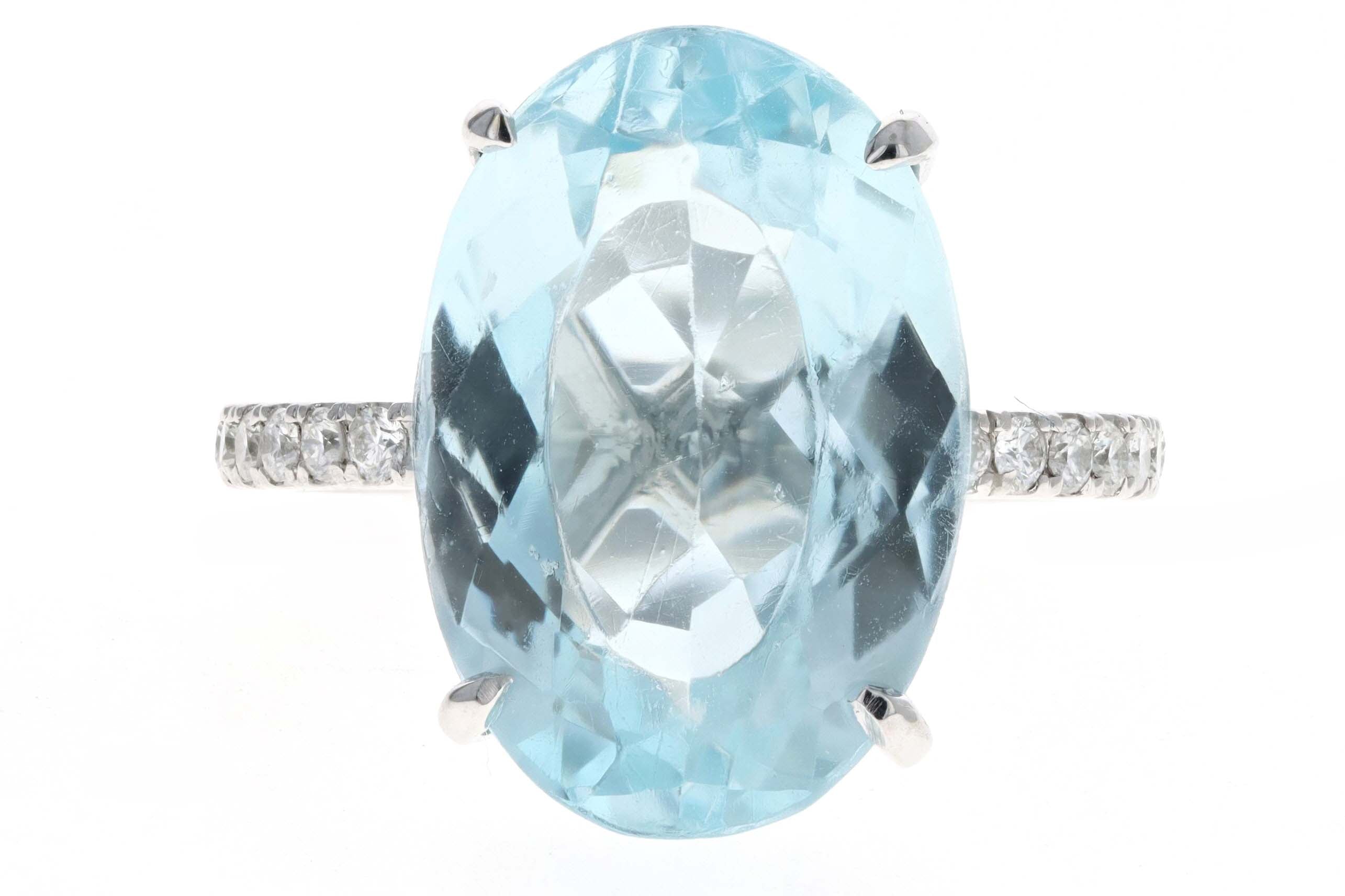 Platinum 14.0 Carat Oval Aquamarine & Diamond Ring - Queen May