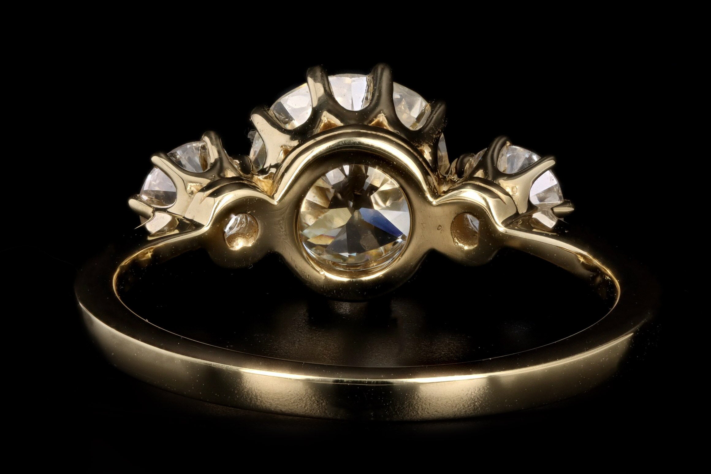 Vintage Inspired 18K Yellow Gold 1.34 Carat Old Mine Cut Diamond Three Stone Engagement Ring - Queen May