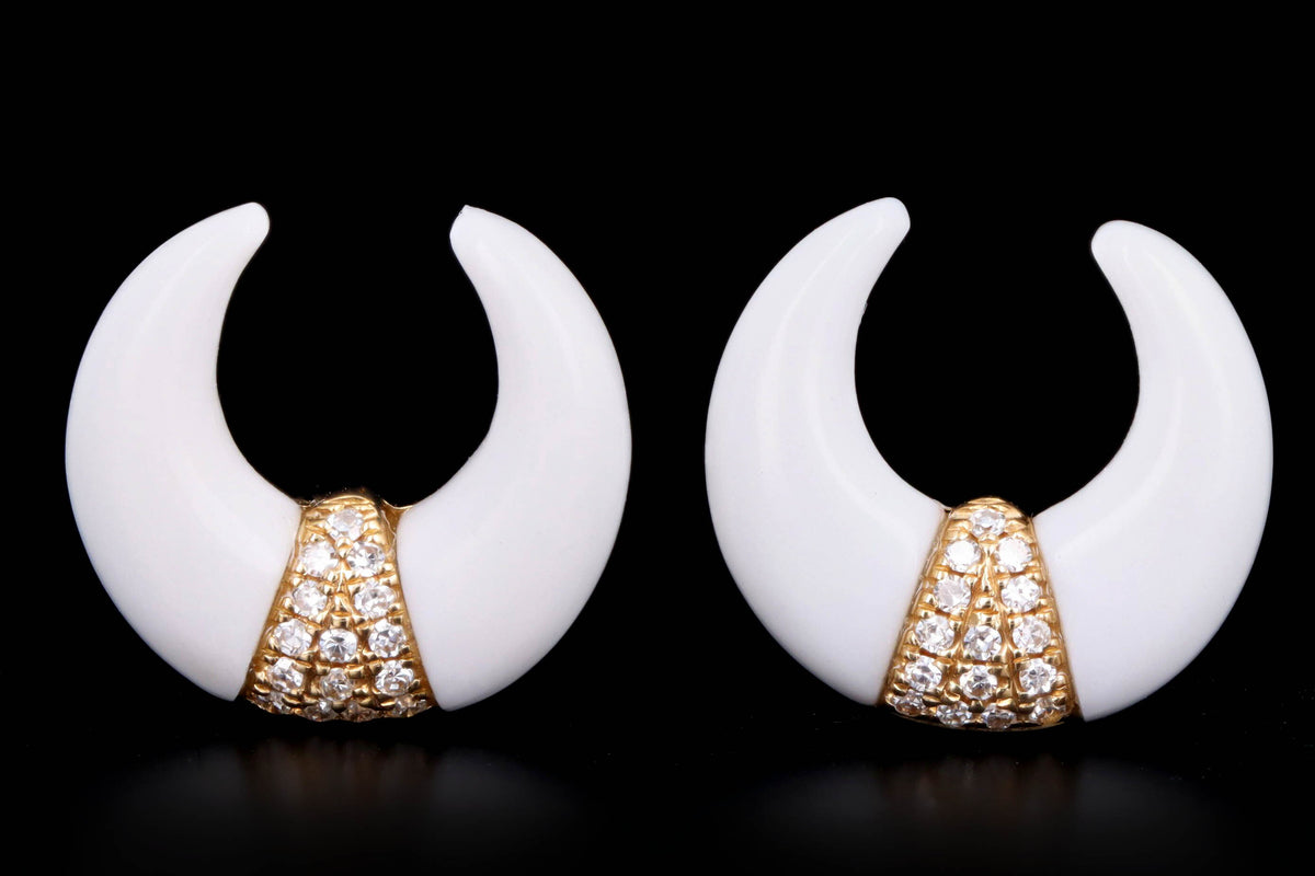14K Yellow Gold White Onyx & Diamond Crescent Stud Earrings - Queen May