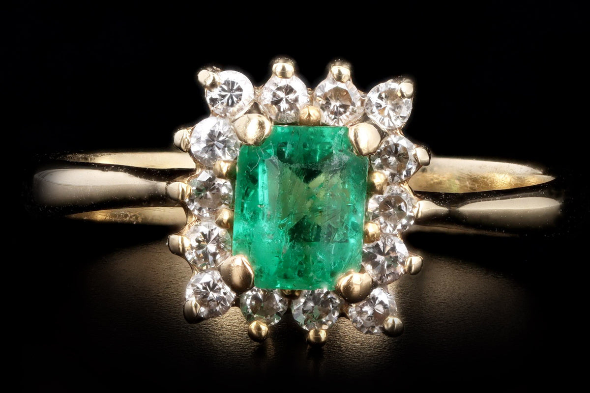 14K Yellow Gold .45 Carat Natural Emerald & Diamond Halo Ring - Queen May