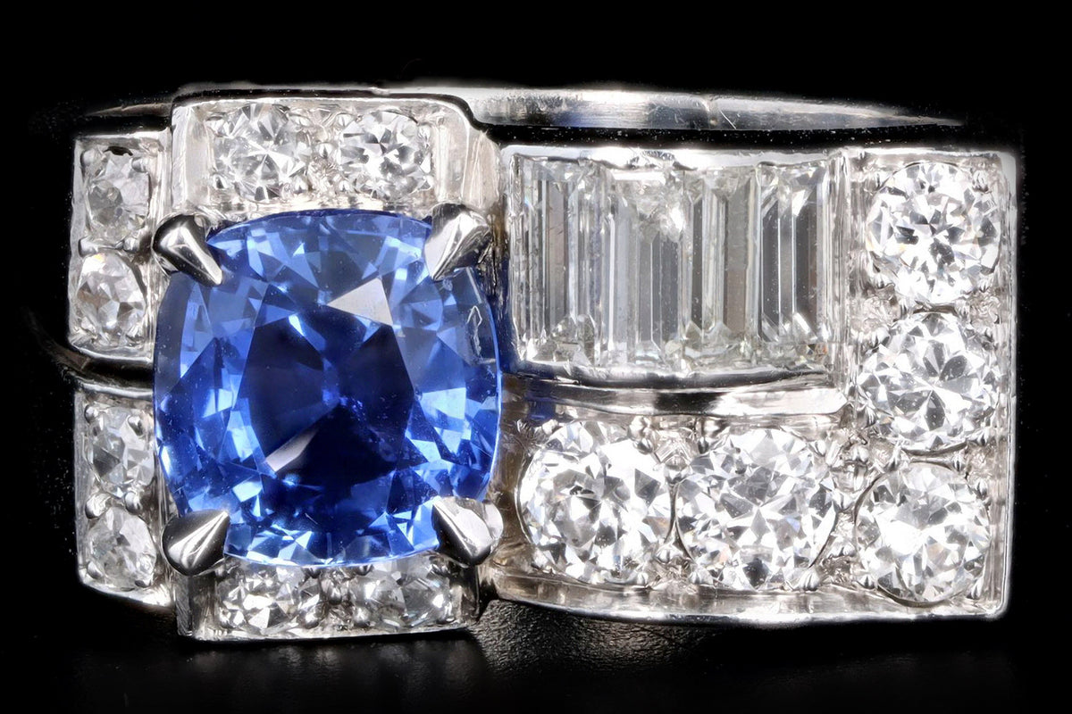 Art Deco Platinum 2.0 Carat Cushion Cut Natural Sapphire & Diamond Ring - Queen May