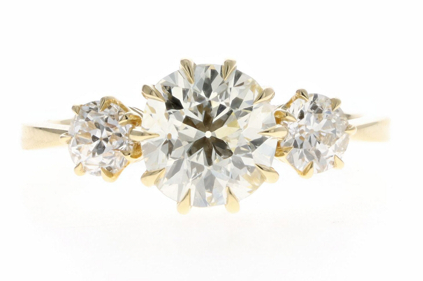 Vintage Inspired 18K Yellow Gold 1.34 Carat Old Mine Cut Diamond Three Stone Engagement Ring - Queen May