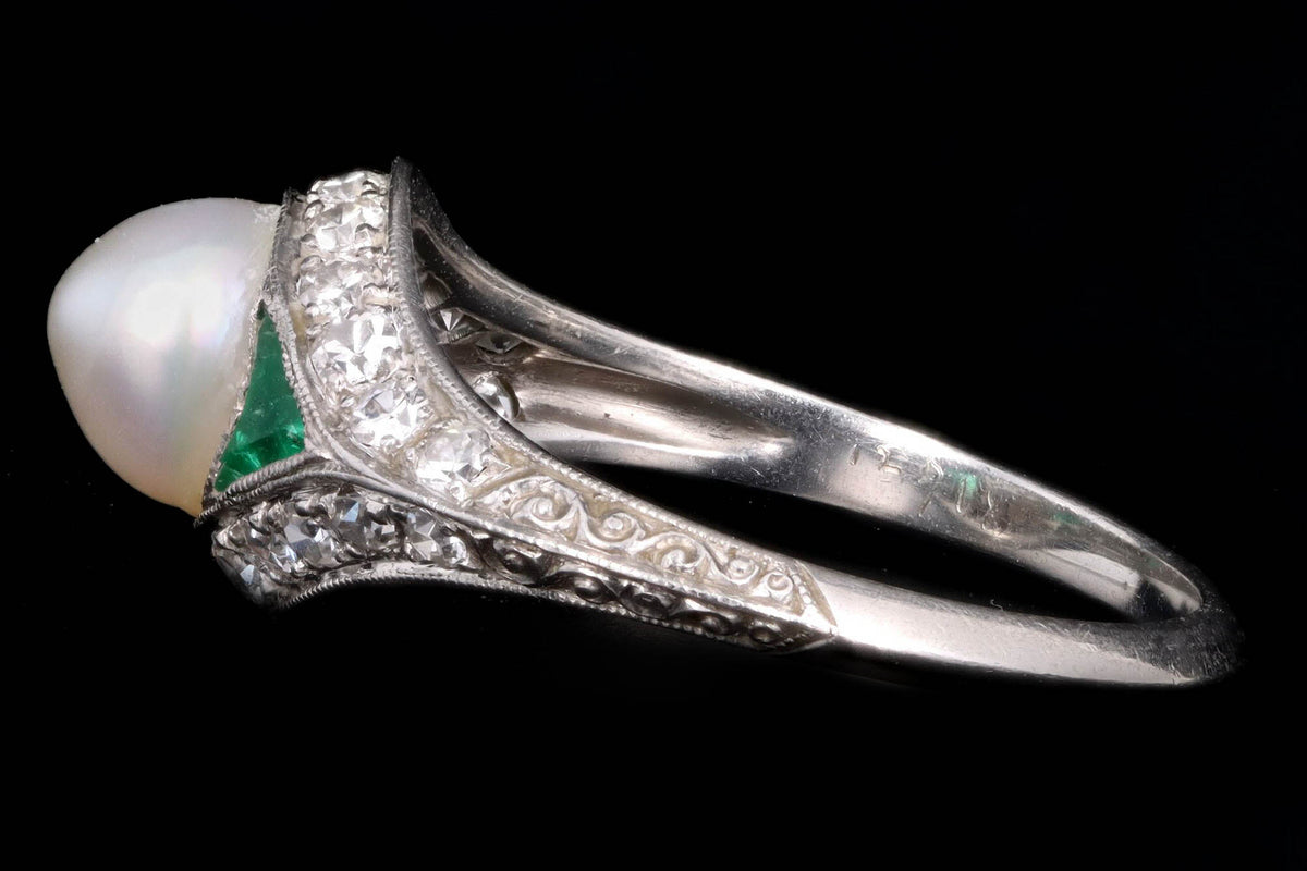 Art Deco Pearl Trillion Cut Emerald & Diamond Knife Edge Ring - Queen May
