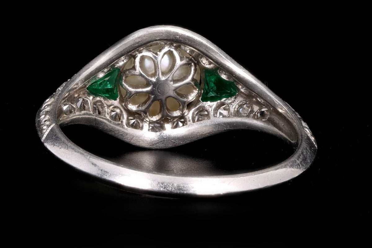 Art Deco Pearl Trillion Cut Emerald & Diamond Knife Edge Ring - Queen May