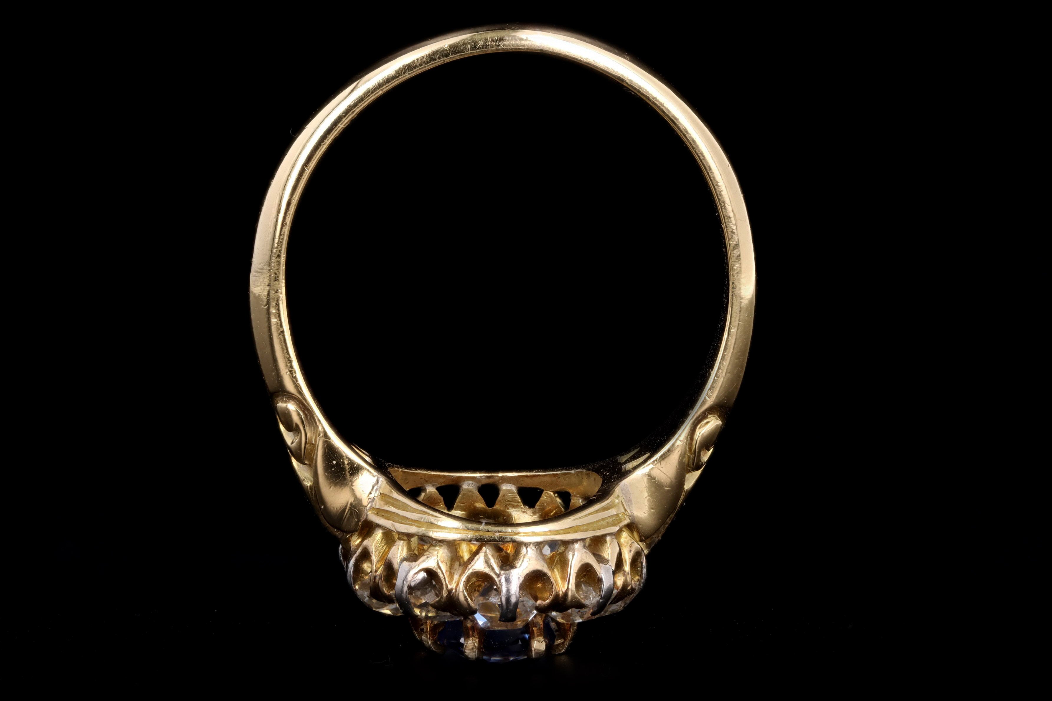 Victorian 18K Yellow Gold 1.58 Carat Natural No Heat Ceylon Sapphire & Diamond Halo Ring GIA Certified - Queen May